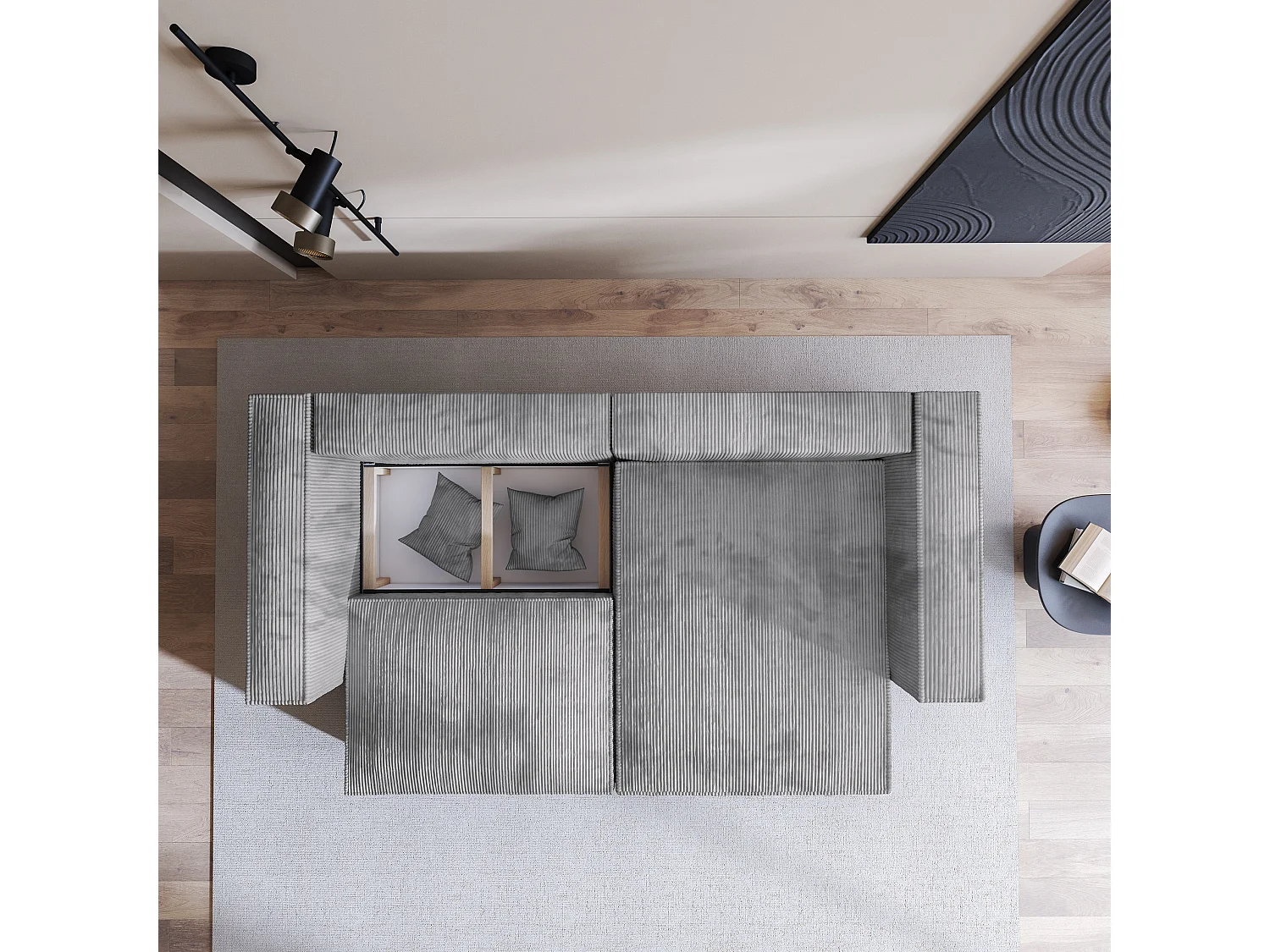 Canapé d'angle NERIO Gris clair en velours côtelé avec fonction de couchage