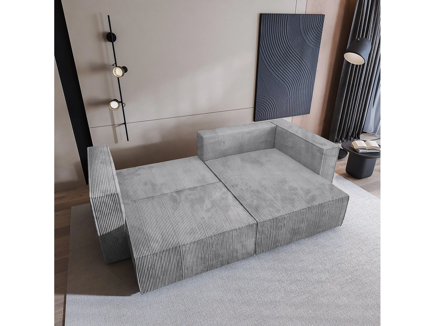 Canapé d'angle NERIO Gris clair en velours côtelé avec fonction de couchage