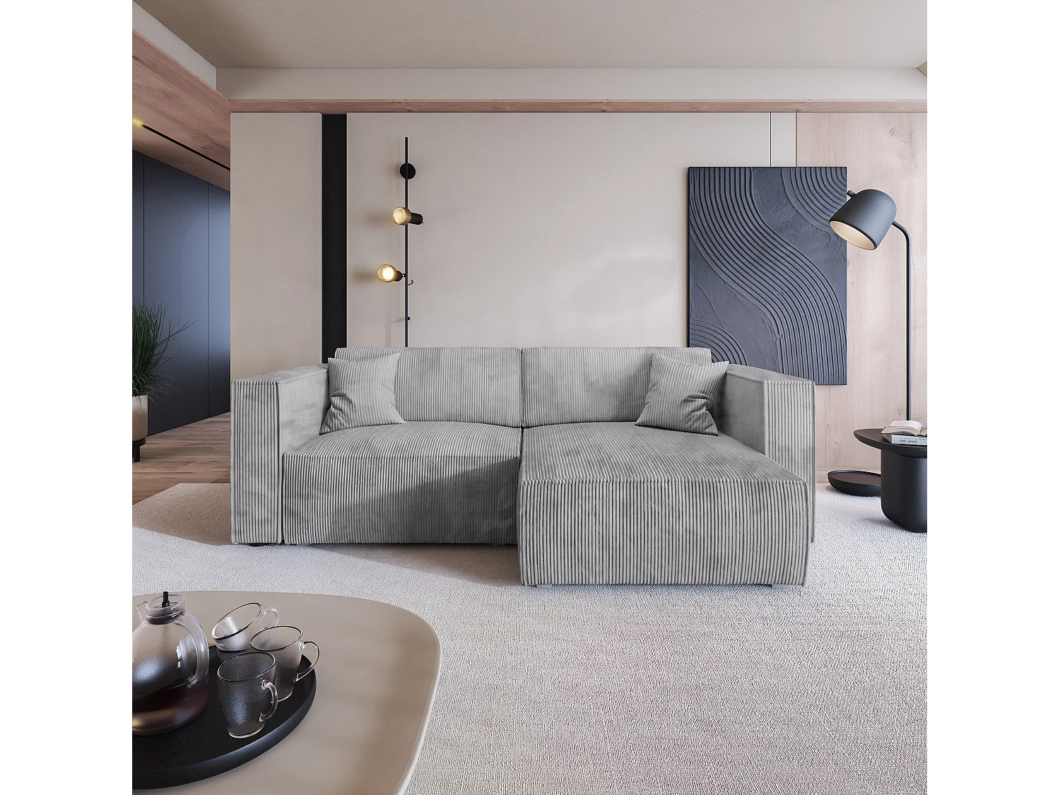 Canapé d'angle NERIO Gris clair en velours côtelé avec fonction de couchage