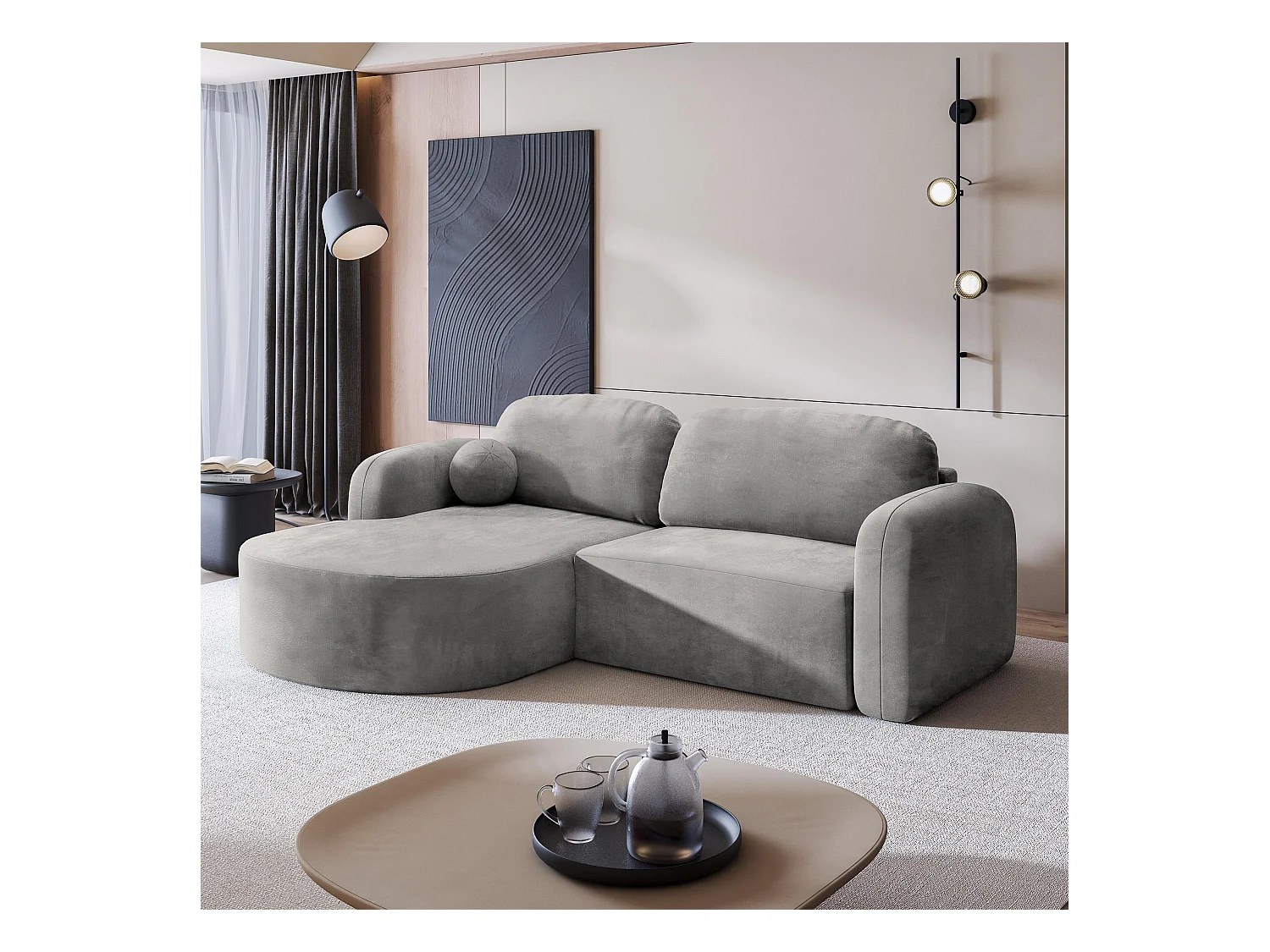 Canapé d'angle AMILIA Gris clair en velours avec fonction de couchage