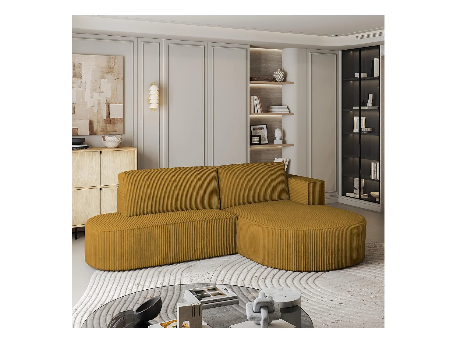 Canapé d'angle CORTIO Jaune en velours côtelé avec fonction de couchage