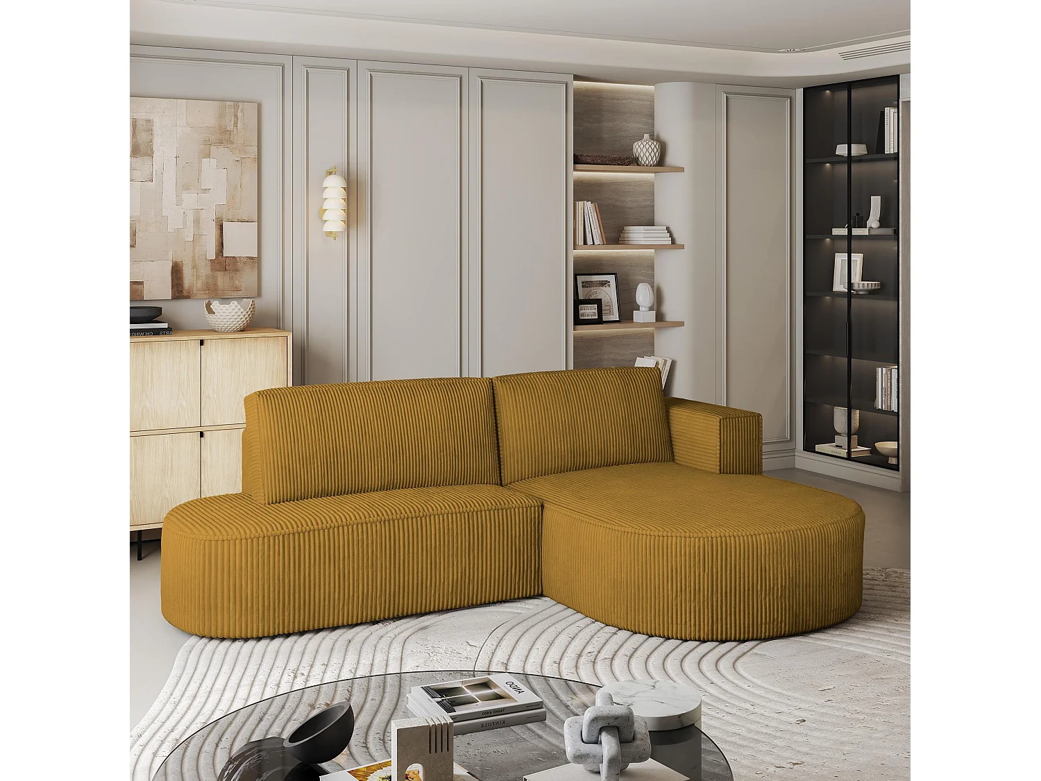 Canapé d'angle CORTIO Jaune en velours côtelé avec fonction de couchage