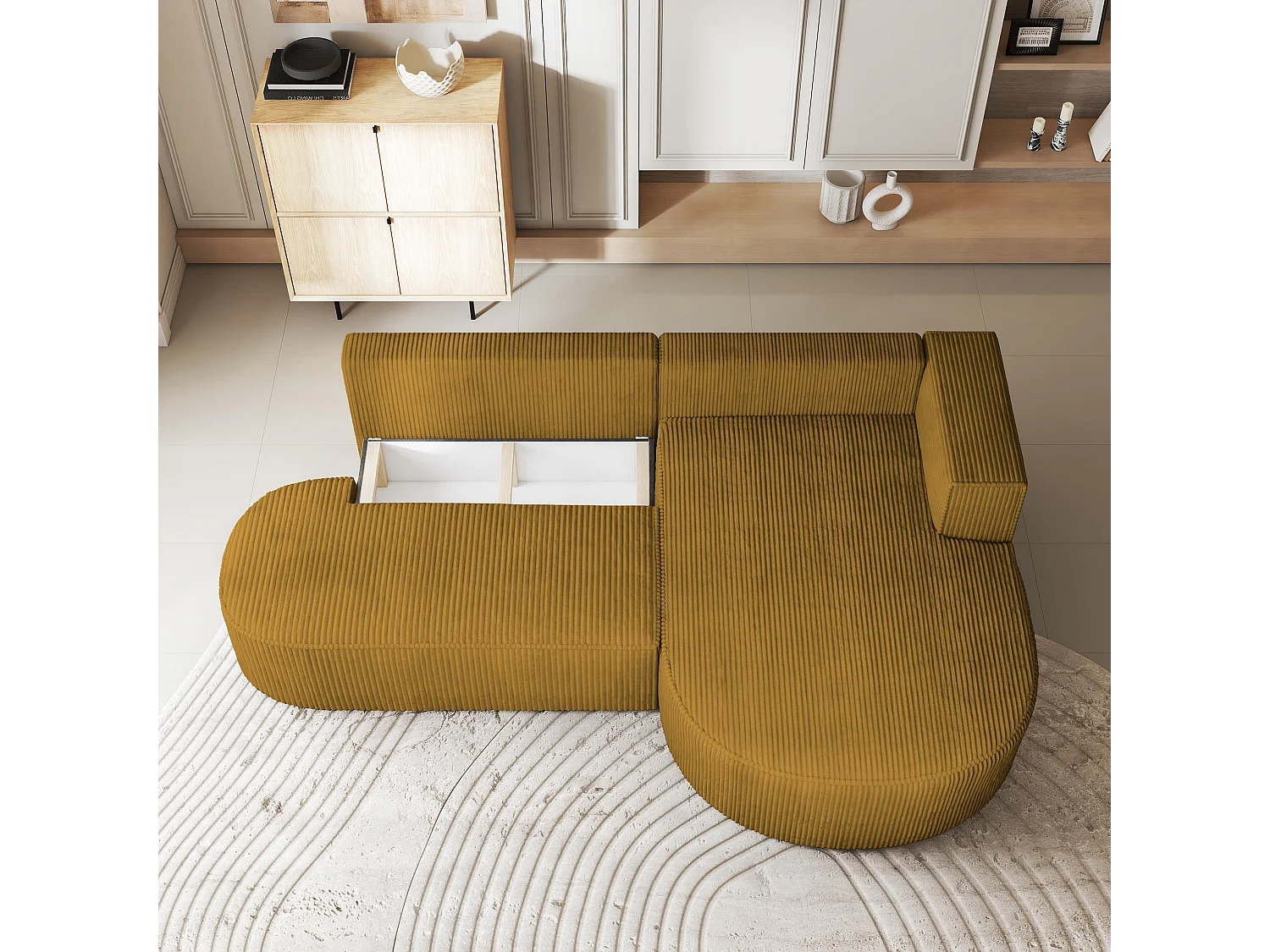 Canapé d'angle CORTIO Jaune en velours côtelé avec fonction de couchage