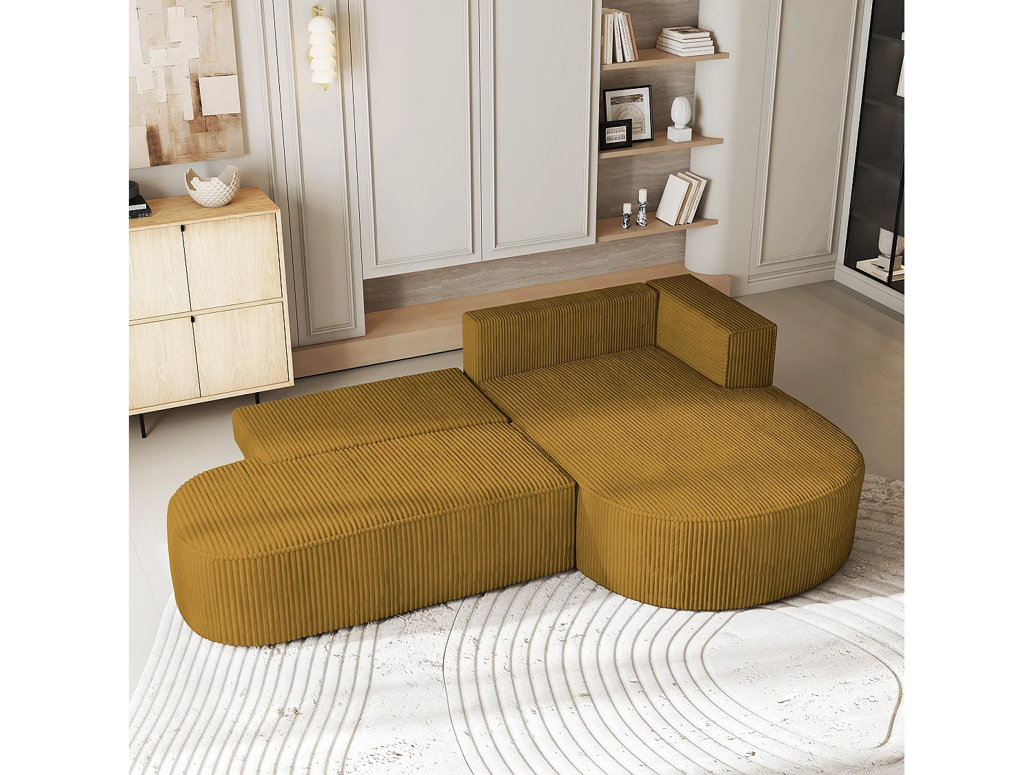 Canapé d'angle CORTIO Jaune en velours côtelé avec fonction de couchage