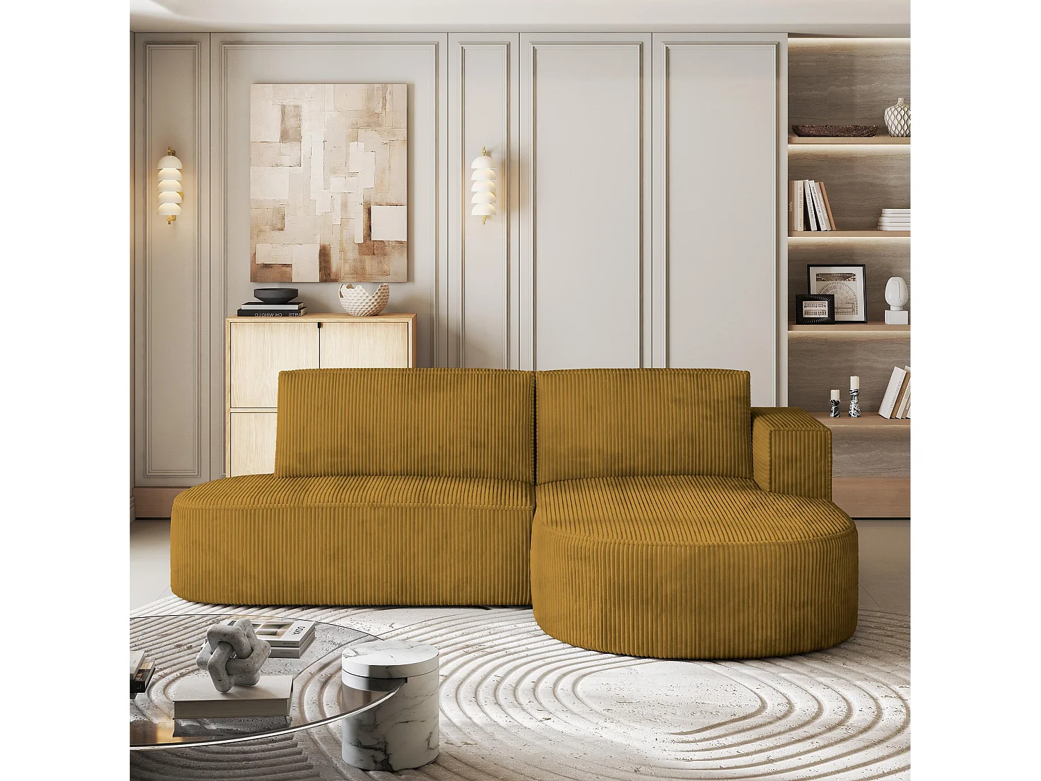 Canapé d'angle CORTIO Jaune en velours côtelé avec fonction de couchage