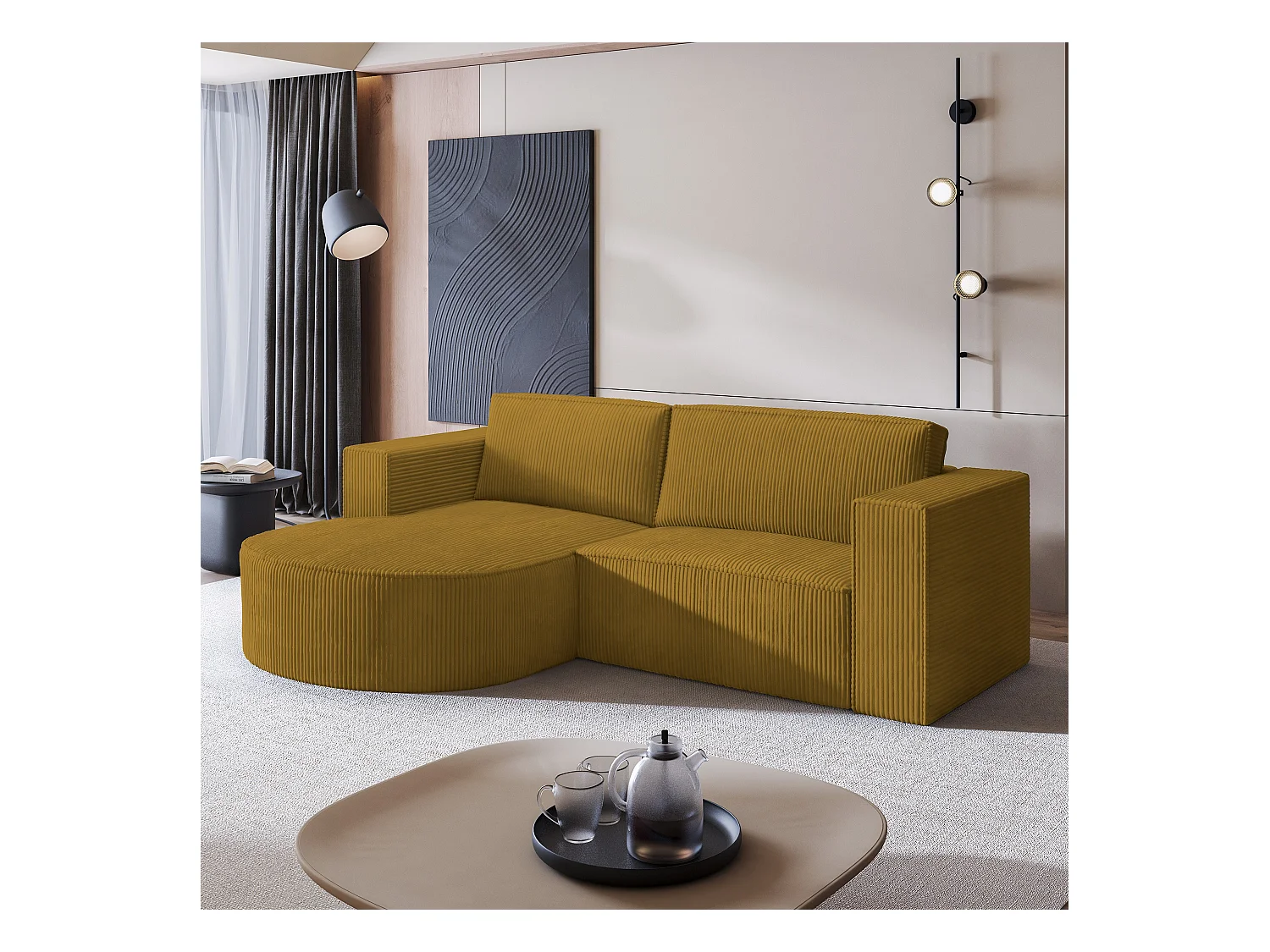 Canapé d'angle SORELA Jaune en velours côtelé avec fonction de couchage