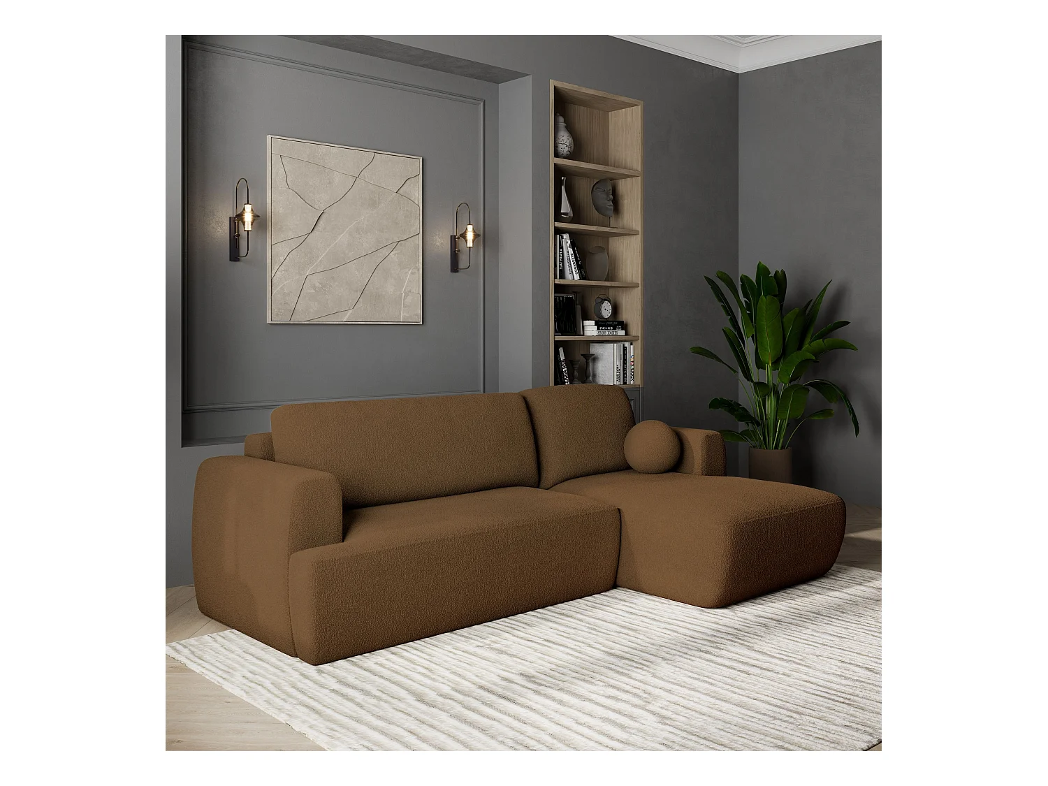 Canapé d'angle SENTI Marron en bouclé avec fonction de couchage