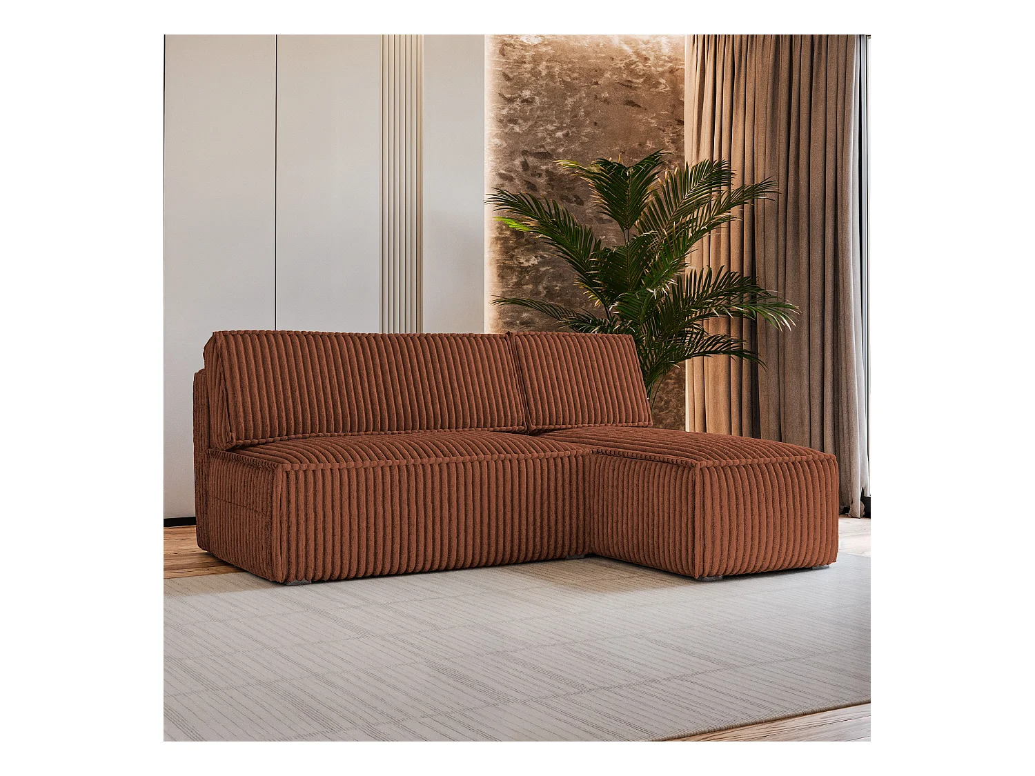 Canapé d'angle BRISO Marron en velours côtelé avec fonction de couchage