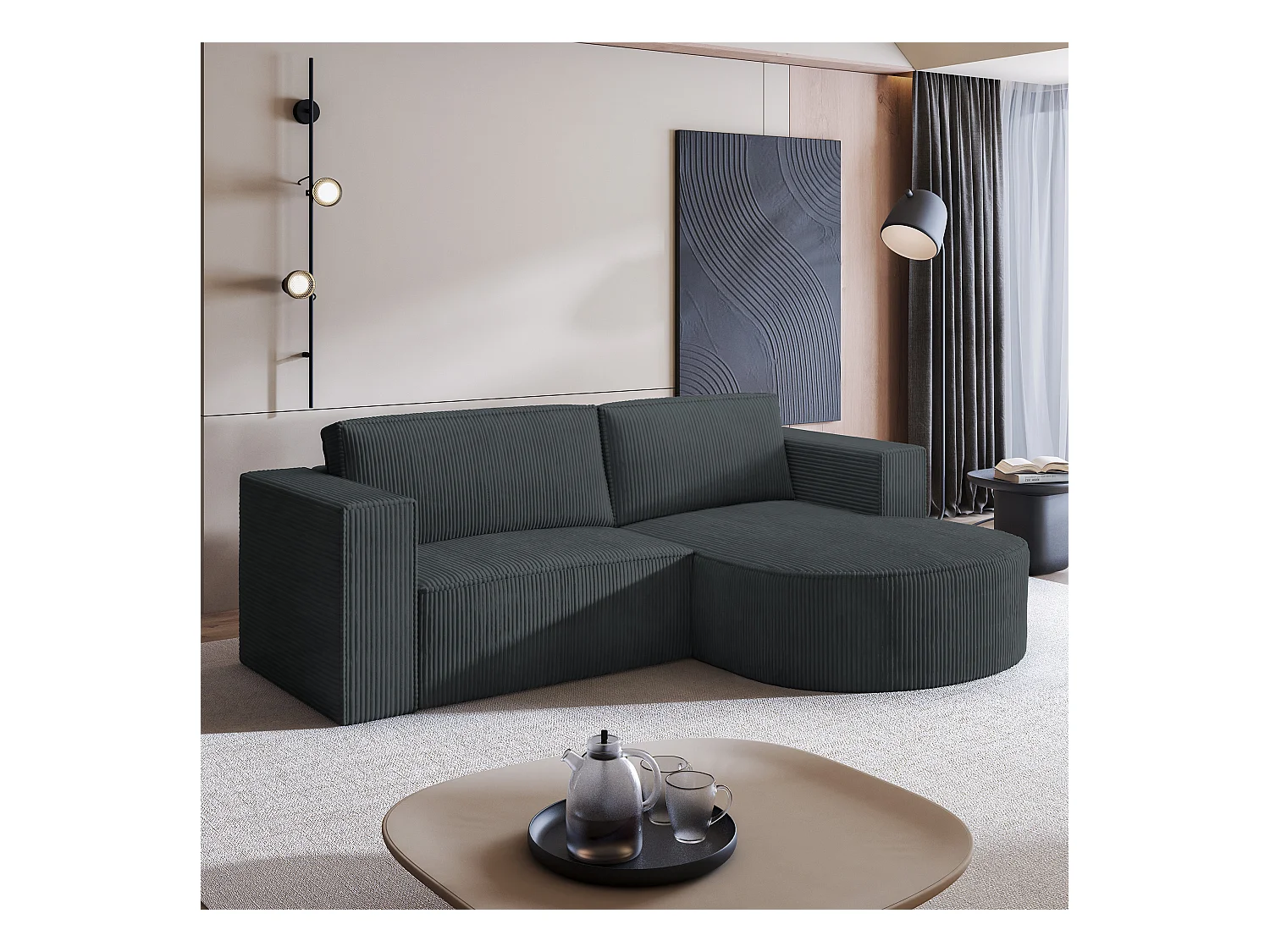 Canapé d'angle SORELA Gris anthracite en velours côtelé avec fonction de couchage