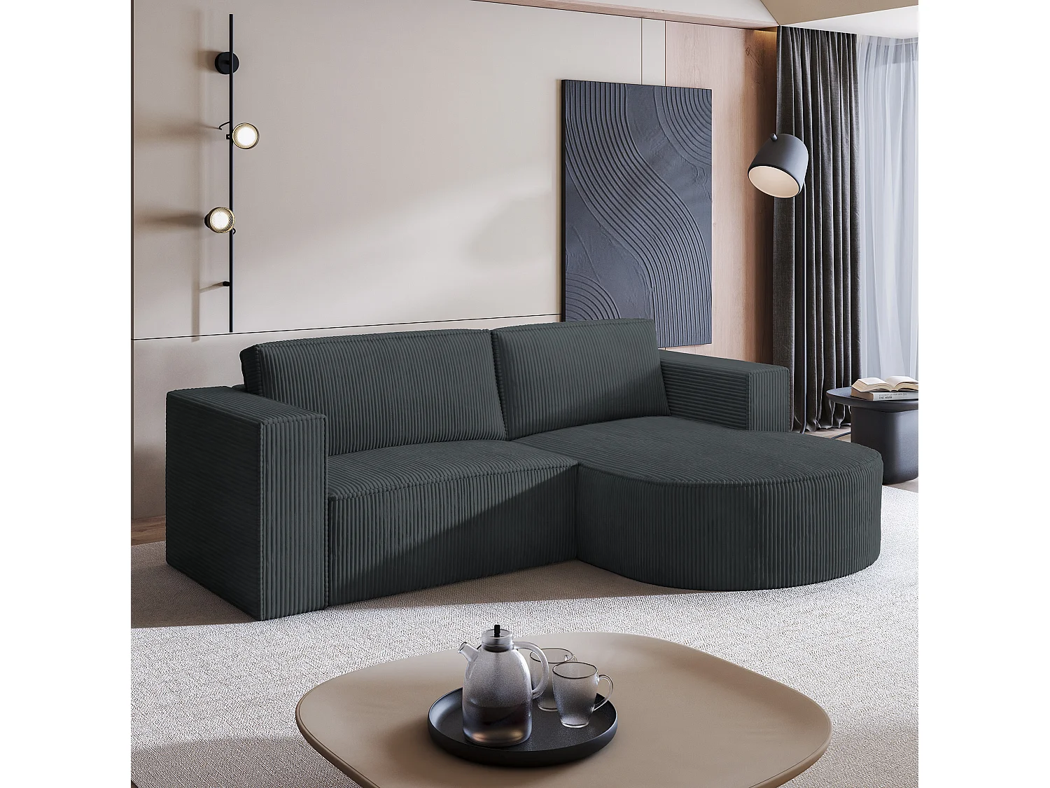 Canapé d'angle SORELA Gris anthracite en velours côtelé avec fonction de couchage