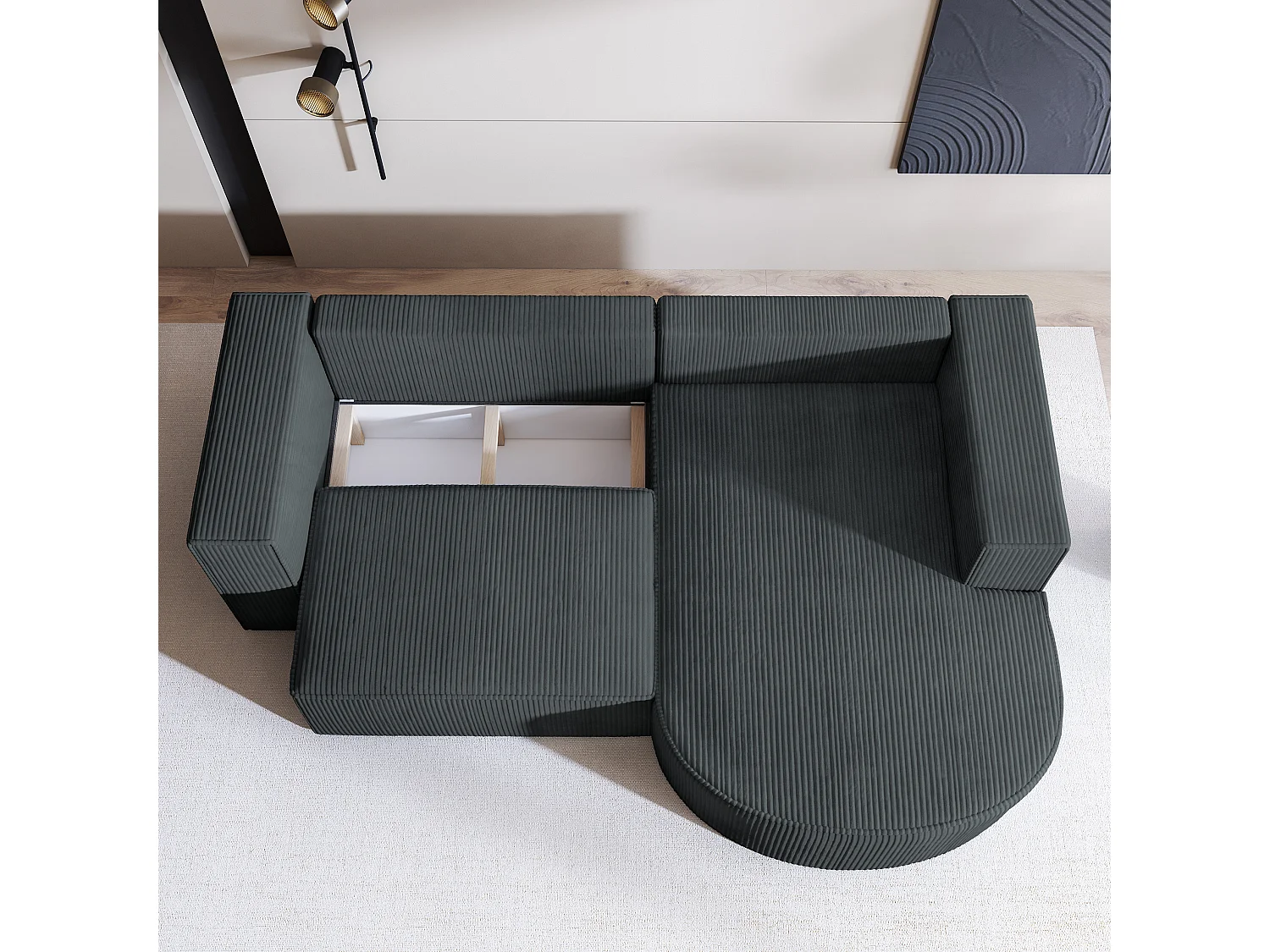 Canapé d'angle SORELA Gris anthracite en velours côtelé avec fonction de couchage