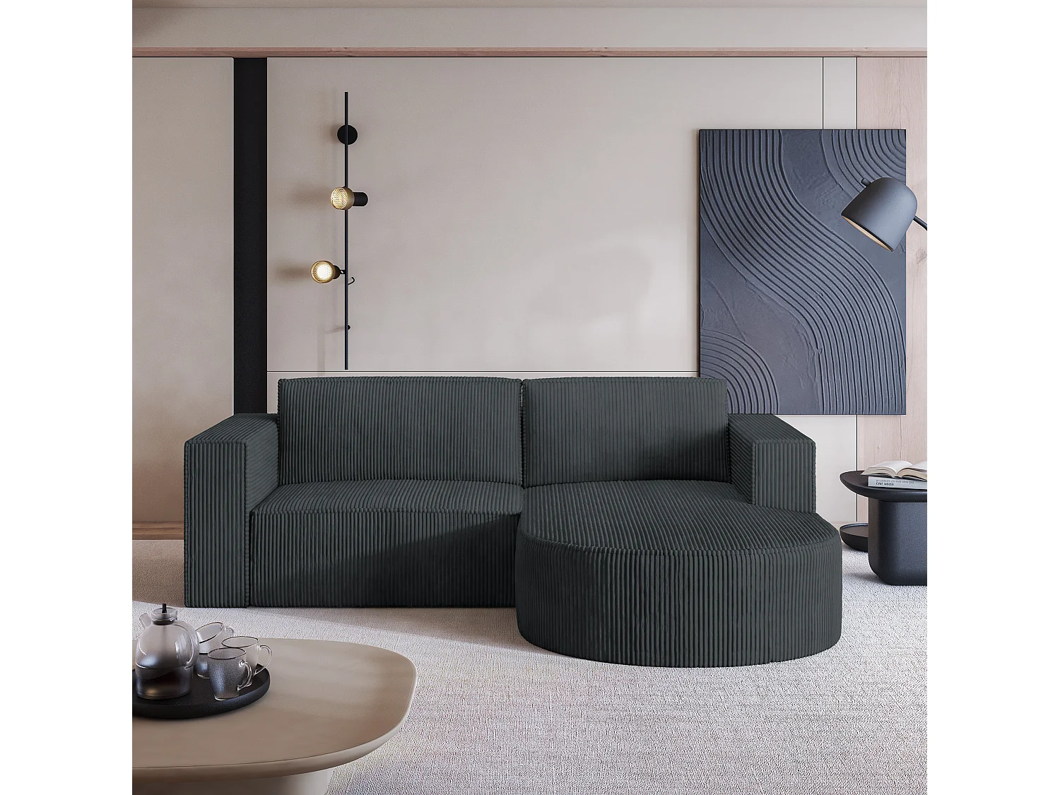 Canapé d'angle SORELA Gris anthracite en velours côtelé avec fonction de couchage