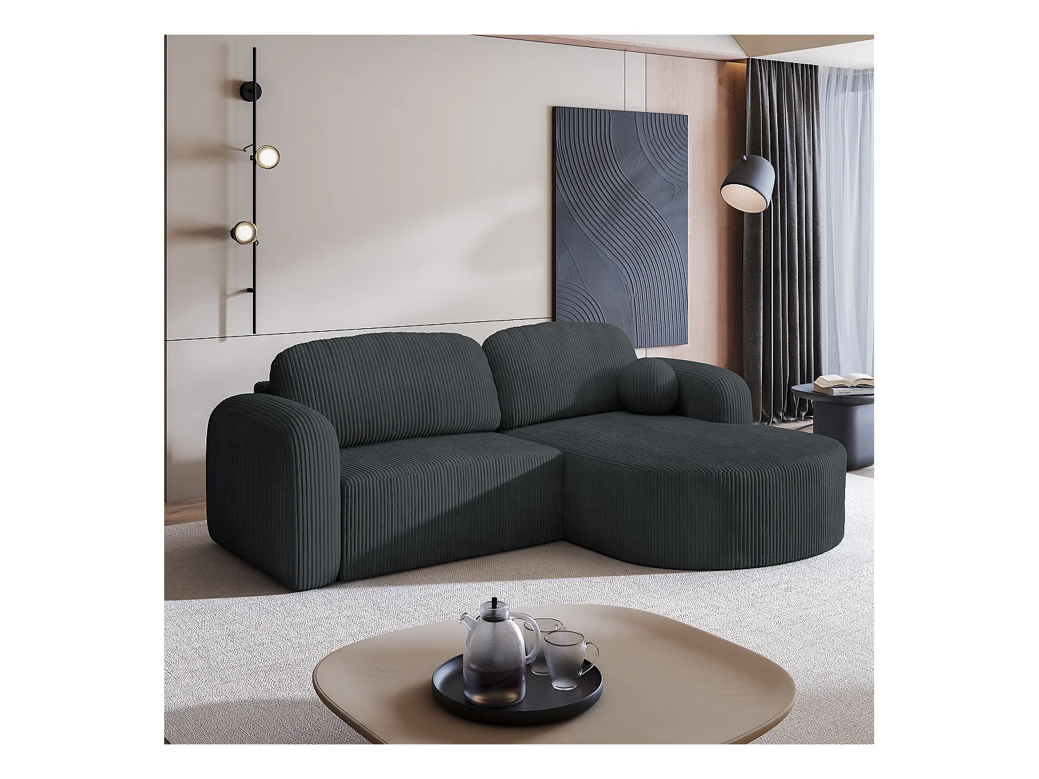 Canapé d'angle AMILIA Gris anthracite en velours côtelé avec fonction de couchage