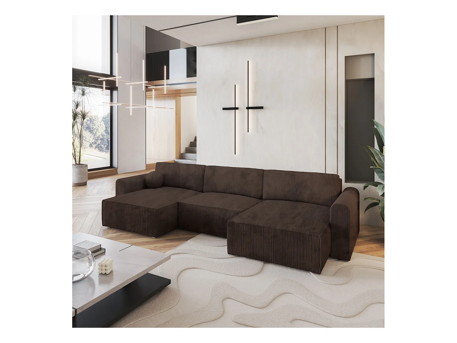 Canapé d'angle FENTO Marron en velours côtelé avec fonction de couchage