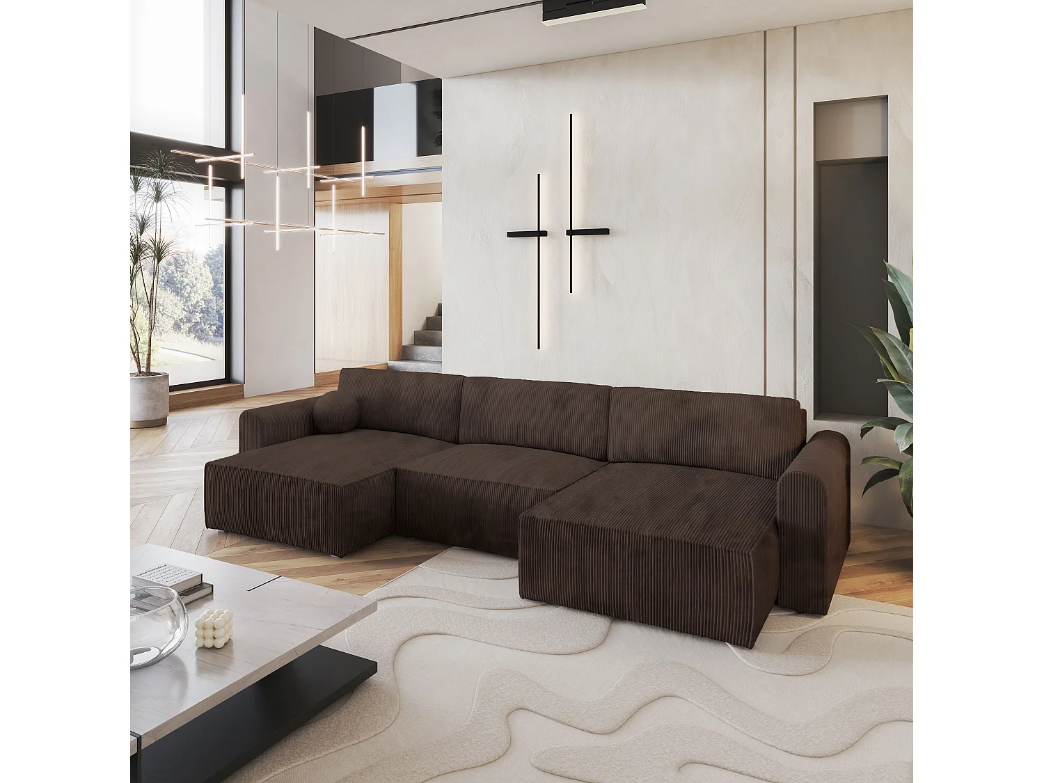 Canapé d'angle FENTO Marron en velours côtelé avec fonction de couchage