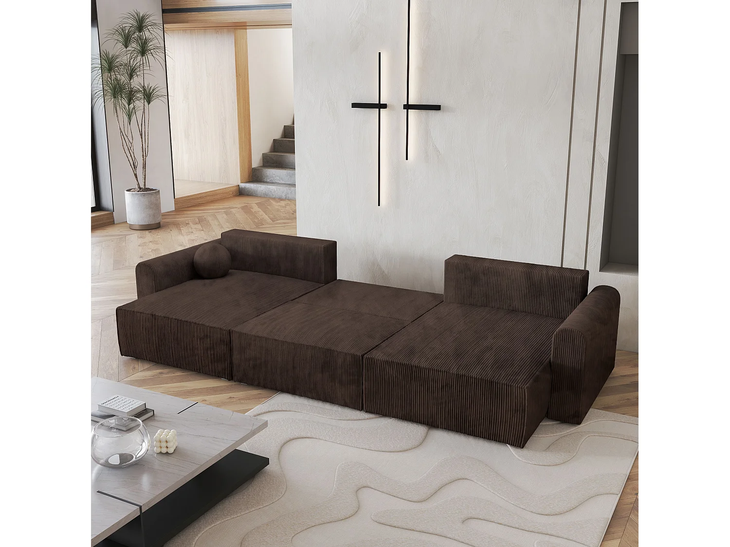 Canapé d'angle FENTO Marron en velours côtelé avec fonction de couchage