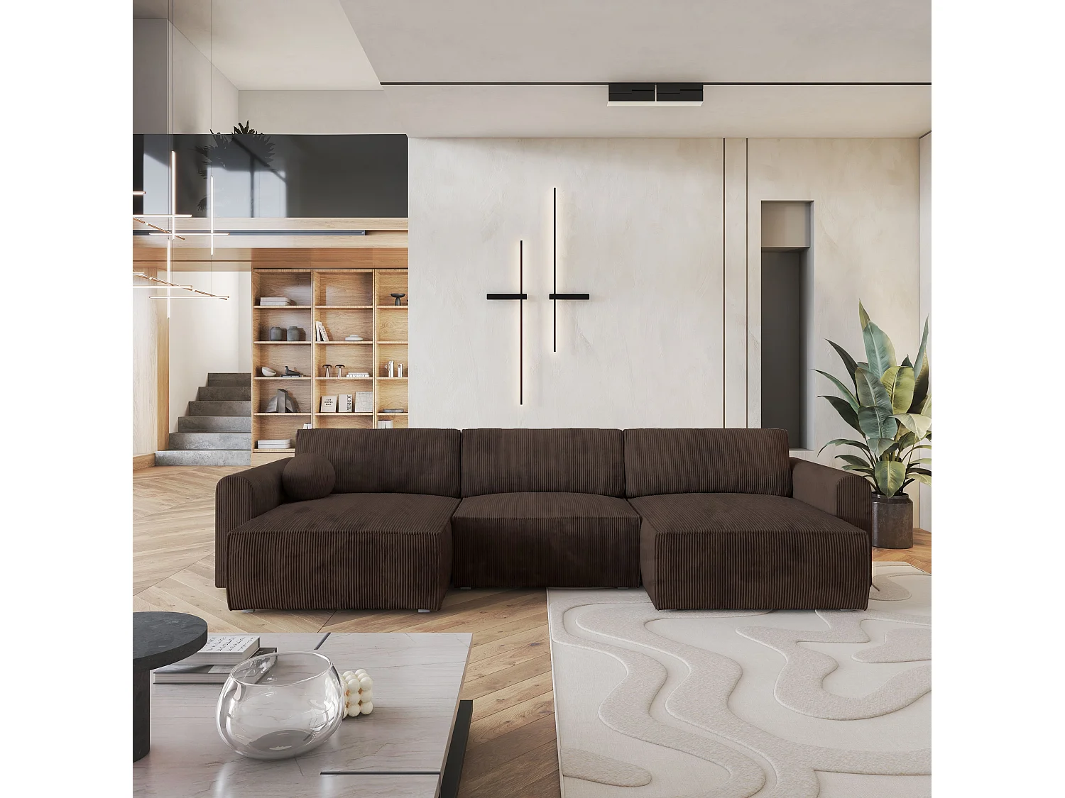 Canapé d'angle FENTO Marron en velours côtelé avec fonction de couchage