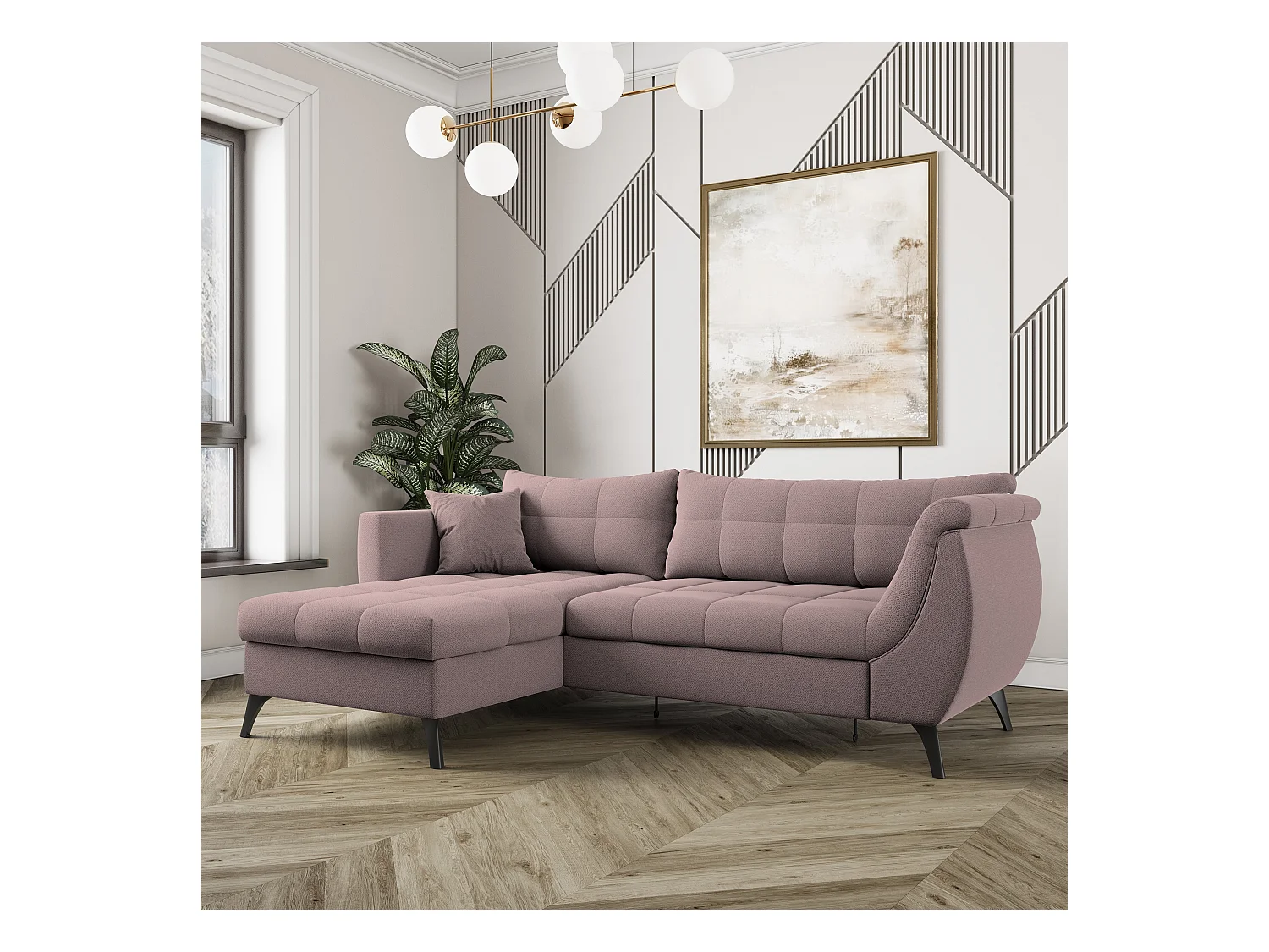 Canapé d'angle MOLLIS Rose poudré en tissu texturé avec fonction de couchage