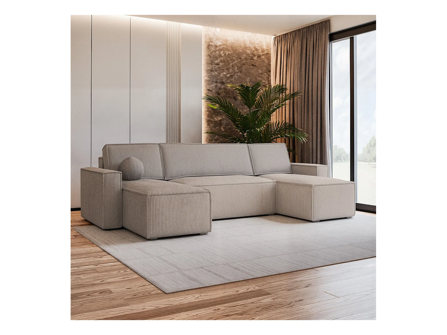 Canapé d'angle PESANO Beige en velours côtelé avec fonction de couchage