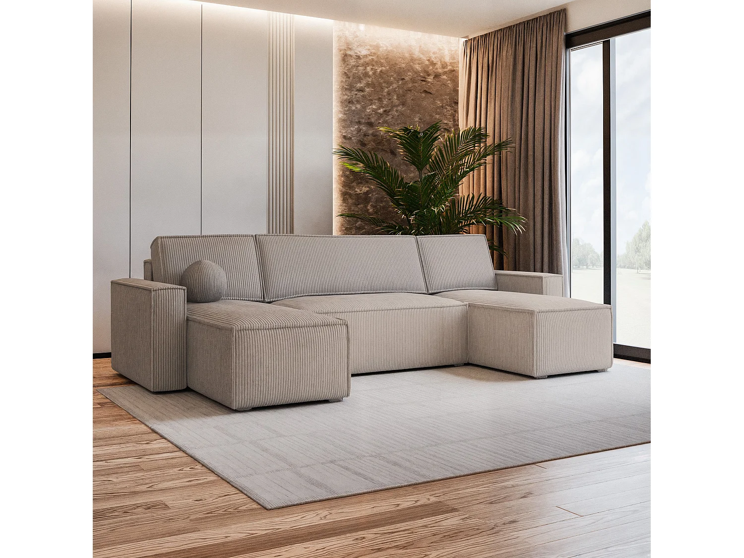 Canapé d'angle PESANO Beige en velours côtelé avec fonction de couchage