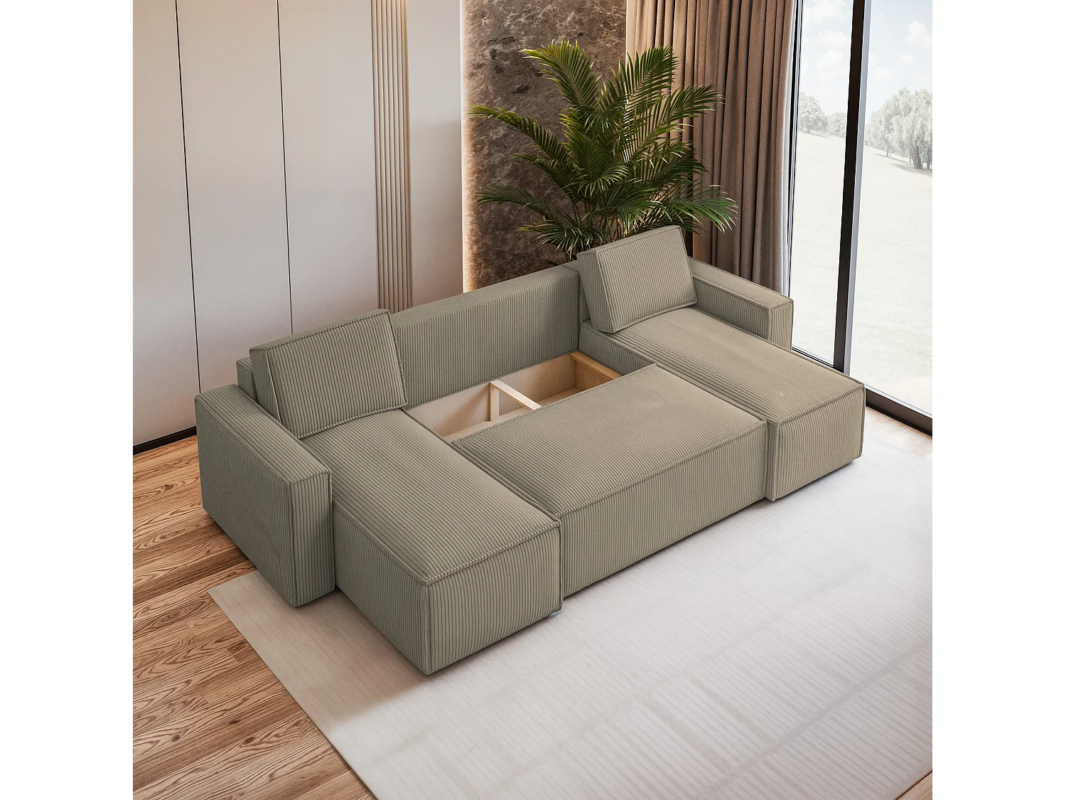 Hoekbank PESANO van fluweel met slaapfunctie Beige