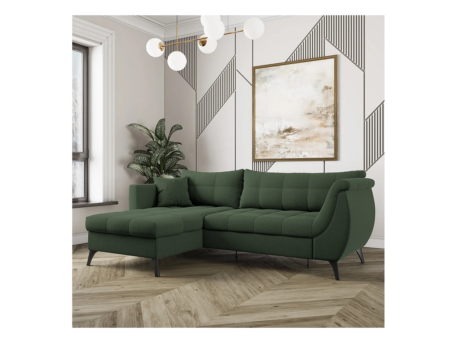 Canapé d'angle MOLLIS Vert en tissu texturé avec fonction de couchage