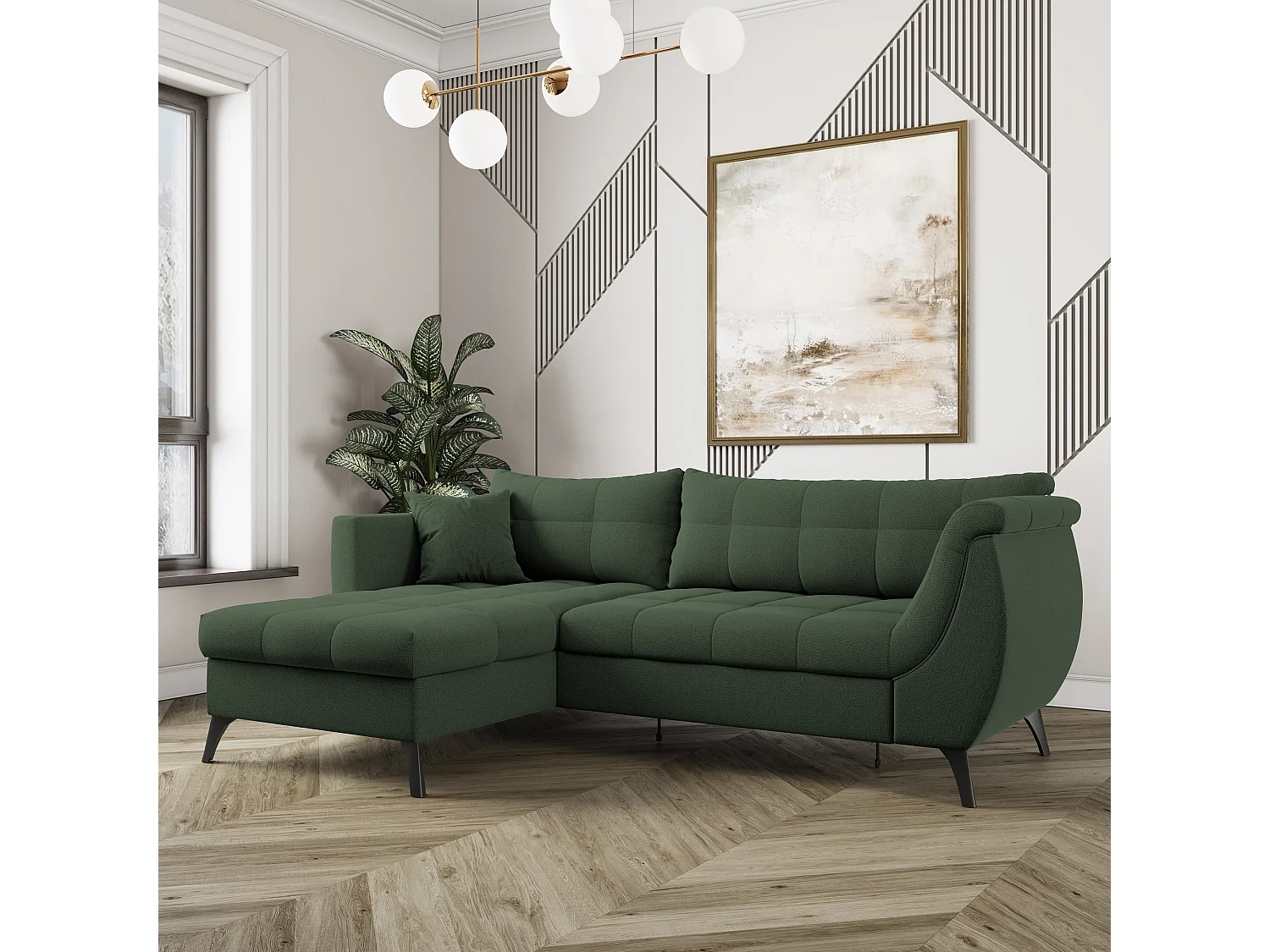 Canapé d'angle MOLLIS Vert en tissu texturé avec fonction de couchage