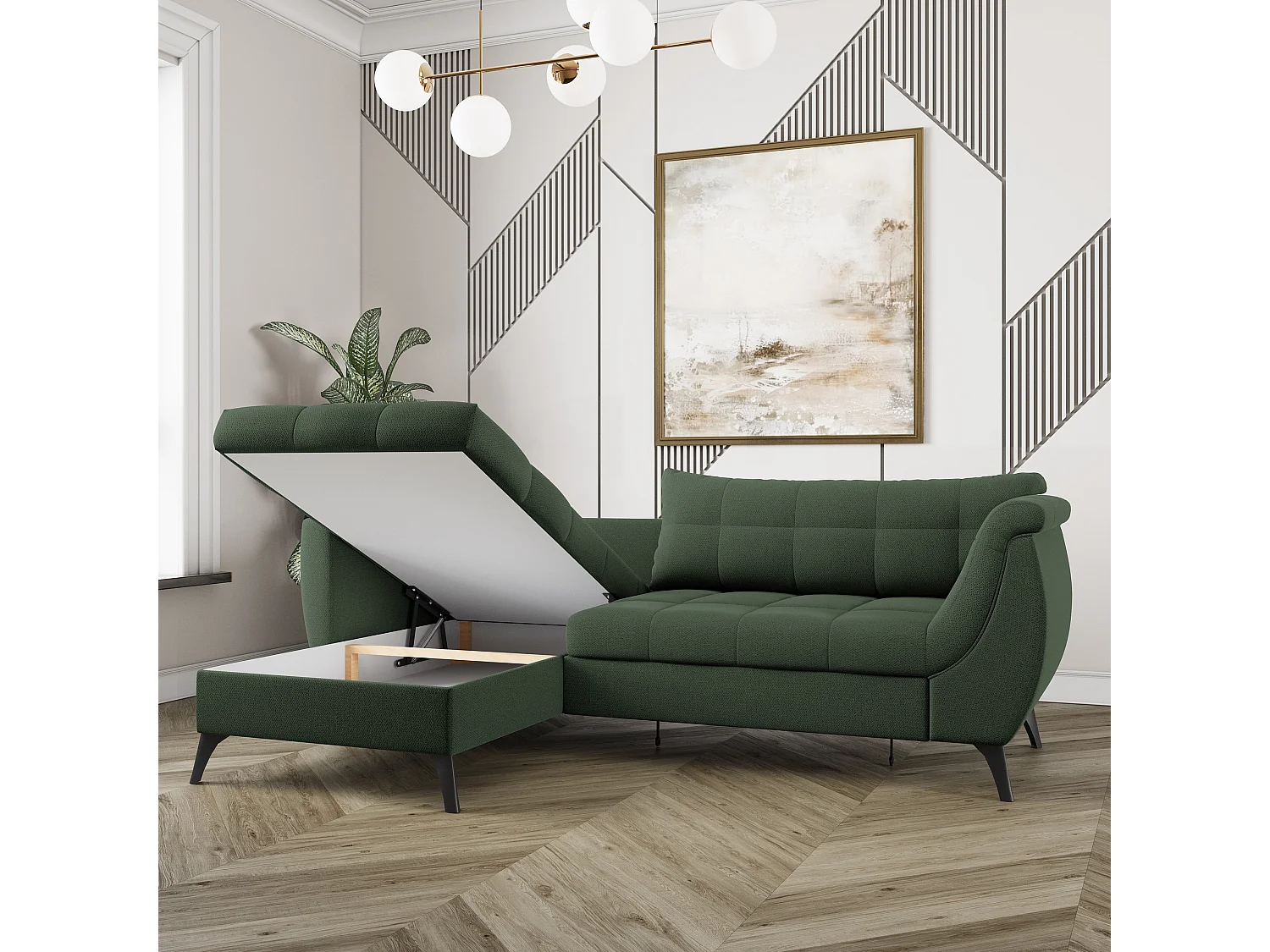 Canapé d'angle MOLLIS Vert en tissu texturé avec fonction de couchage