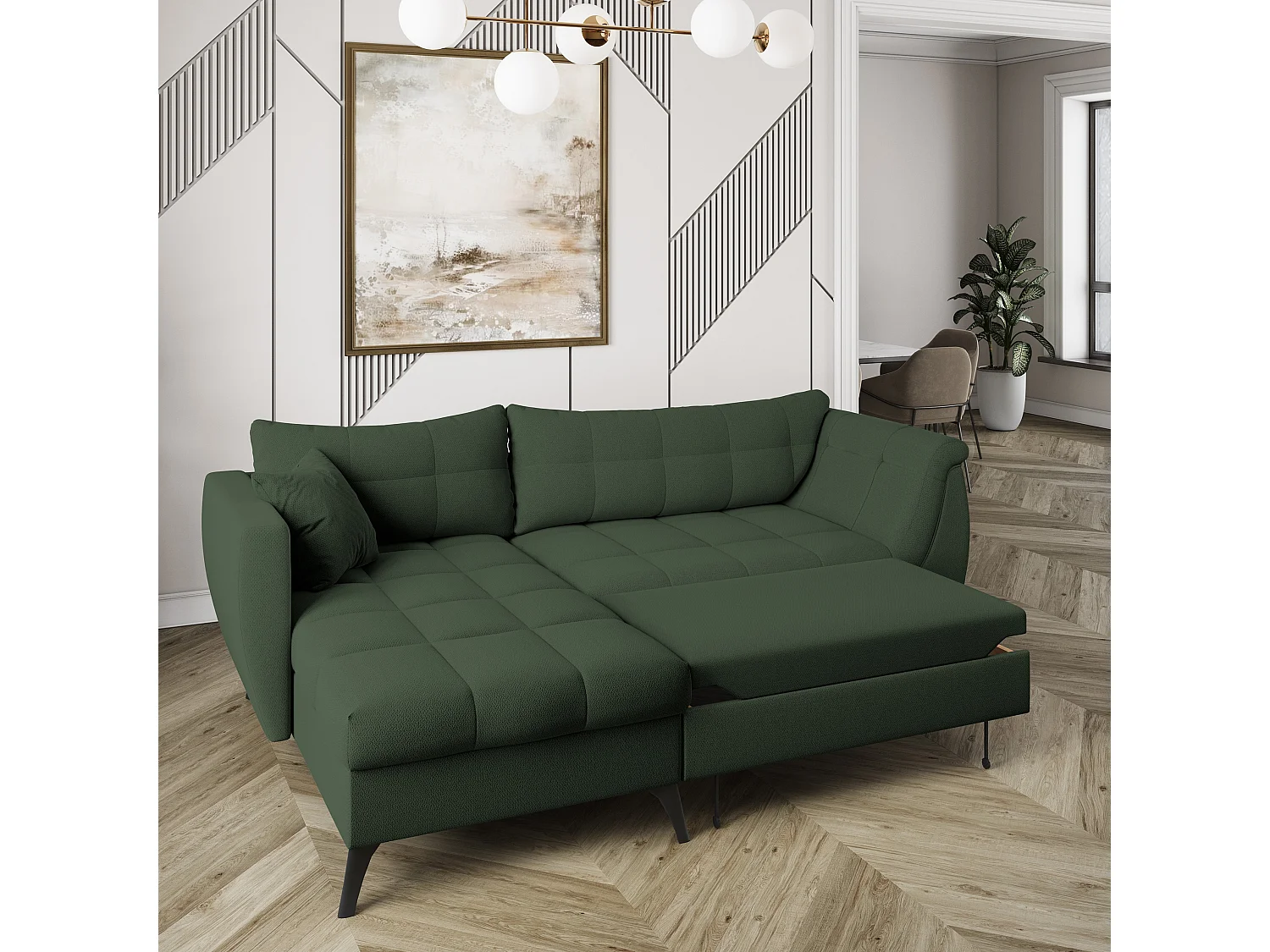 Canapé d'angle MOLLIS Vert en tissu texturé avec fonction de couchage