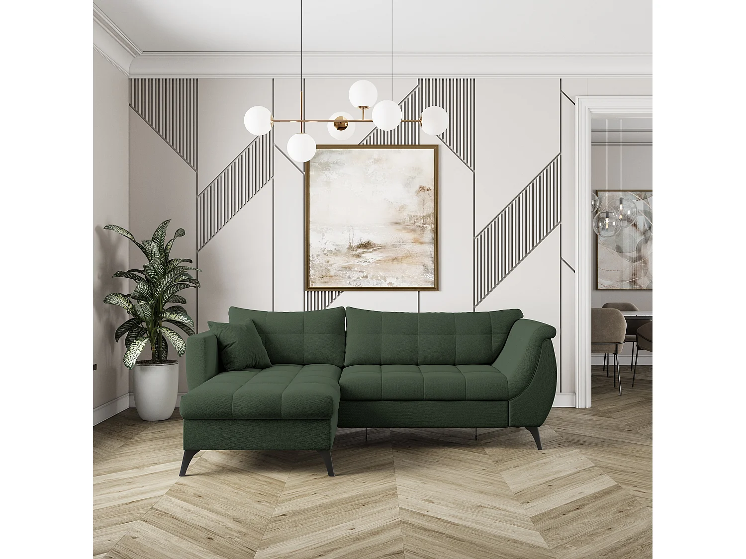 Canapé d'angle MOLLIS Vert en tissu texturé avec fonction de couchage