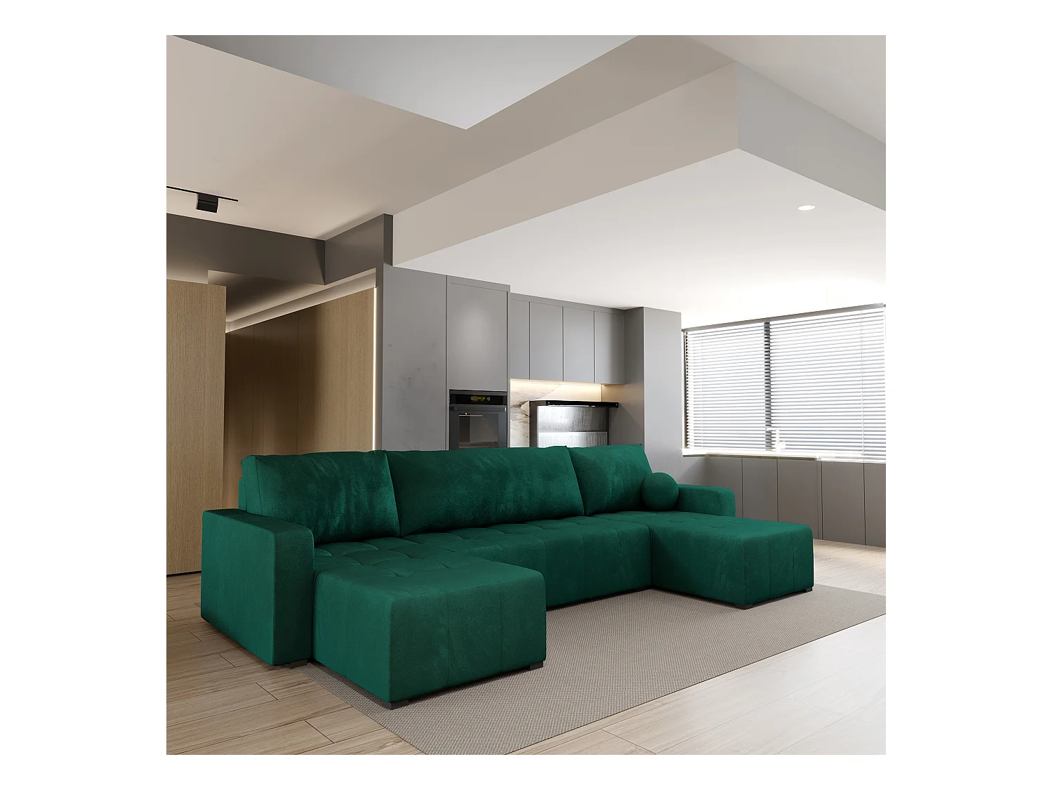 Canapé d'angle TOLARI Vert Sapin en peluche avec fonction de couchage