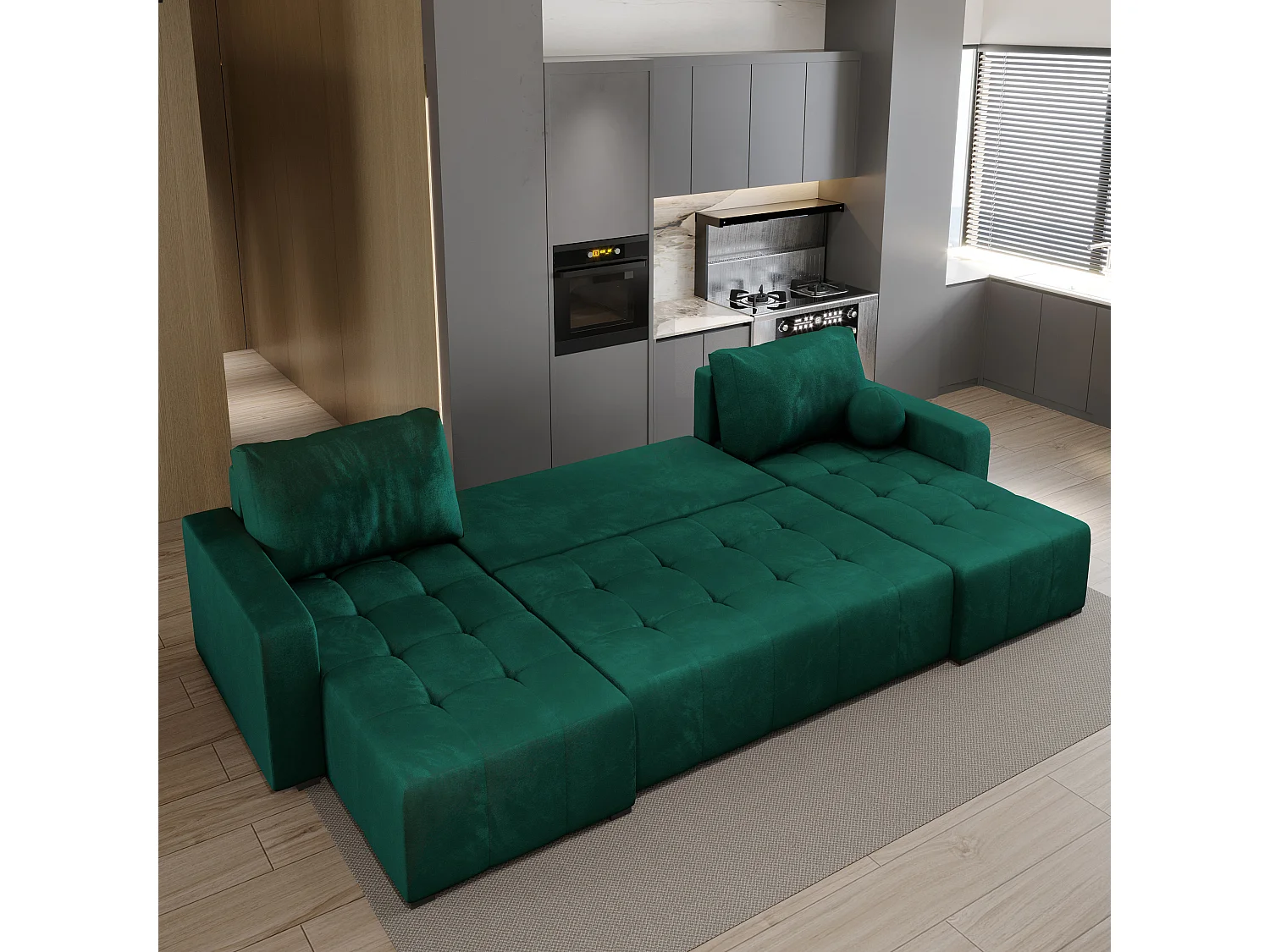 Canapé d'angle TOLARI Vert Sapin en peluche avec fonction de couchage