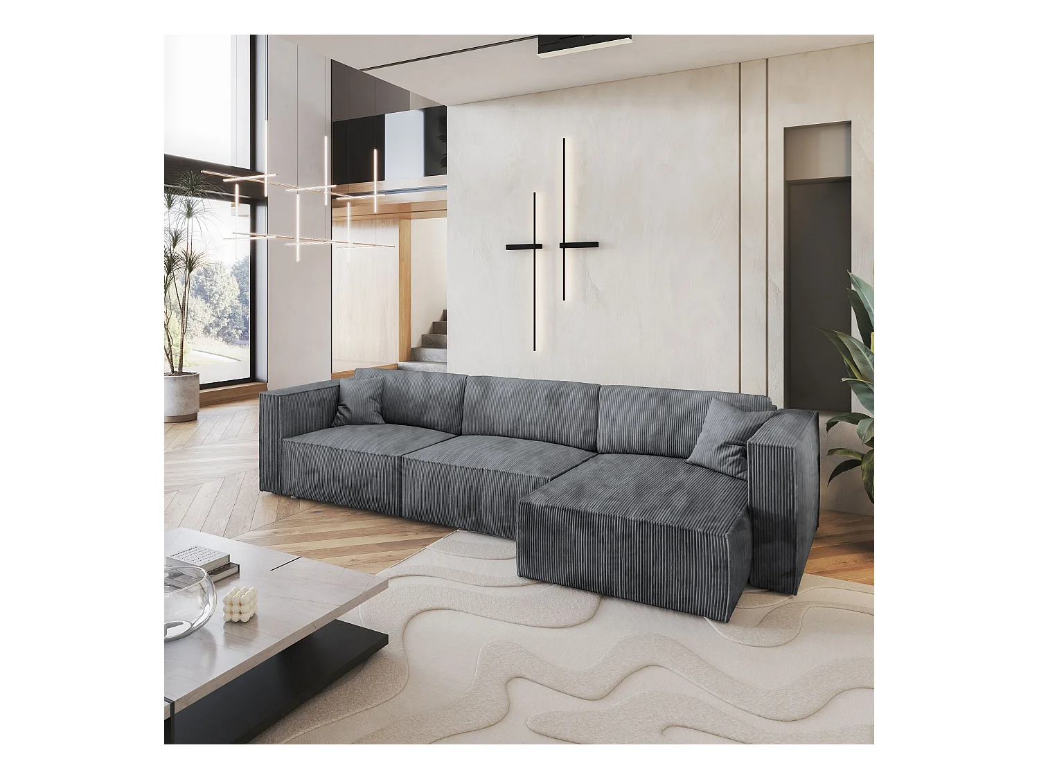 Canapé d'angle TOLMO Gris en velours côtelé avec fonction de couchage