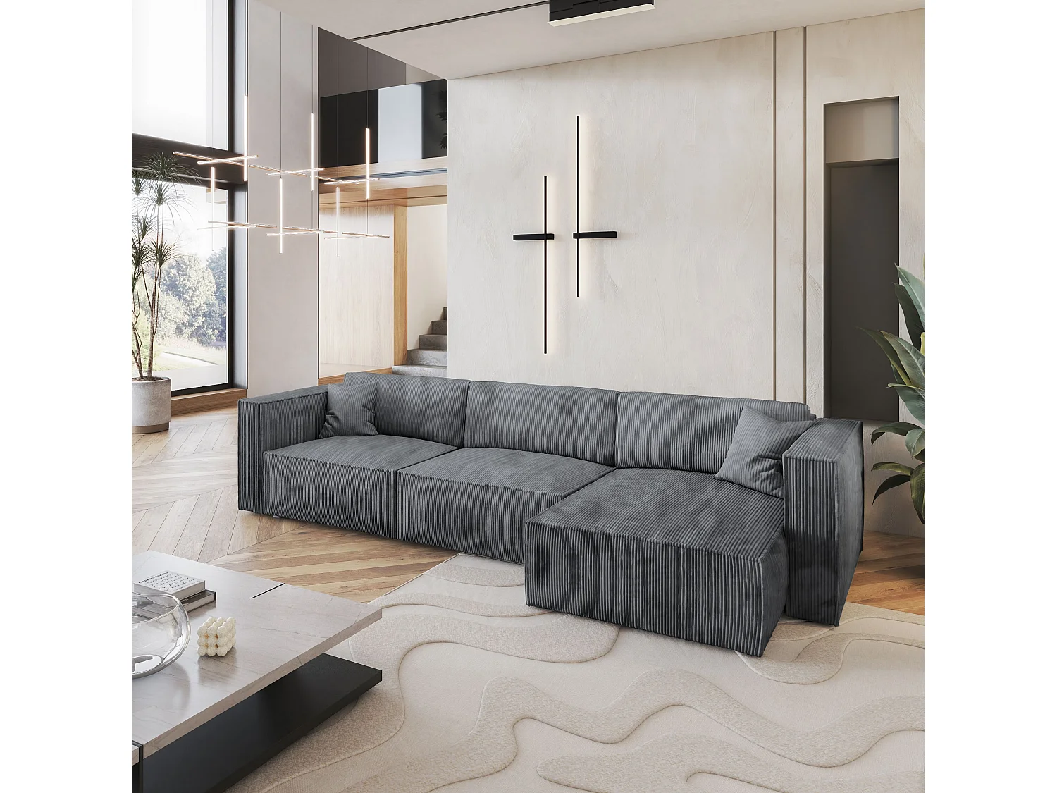 Canapé d'angle TOLMO Gris en velours côtelé avec fonction de couchage