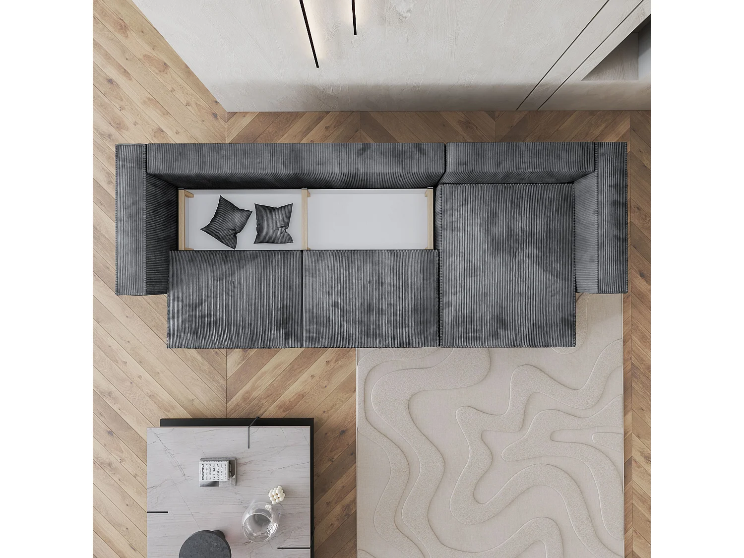 Canapé d'angle TOLMO Gris en velours côtelé avec fonction de couchage