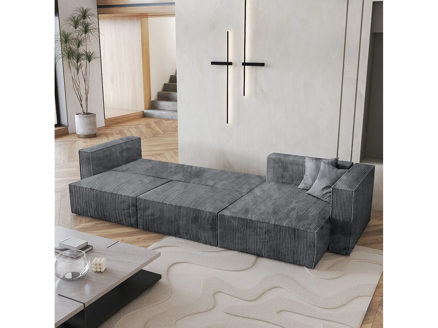 Canapé d'angle TOLMO Gris en velours côtelé avec fonction de couchage