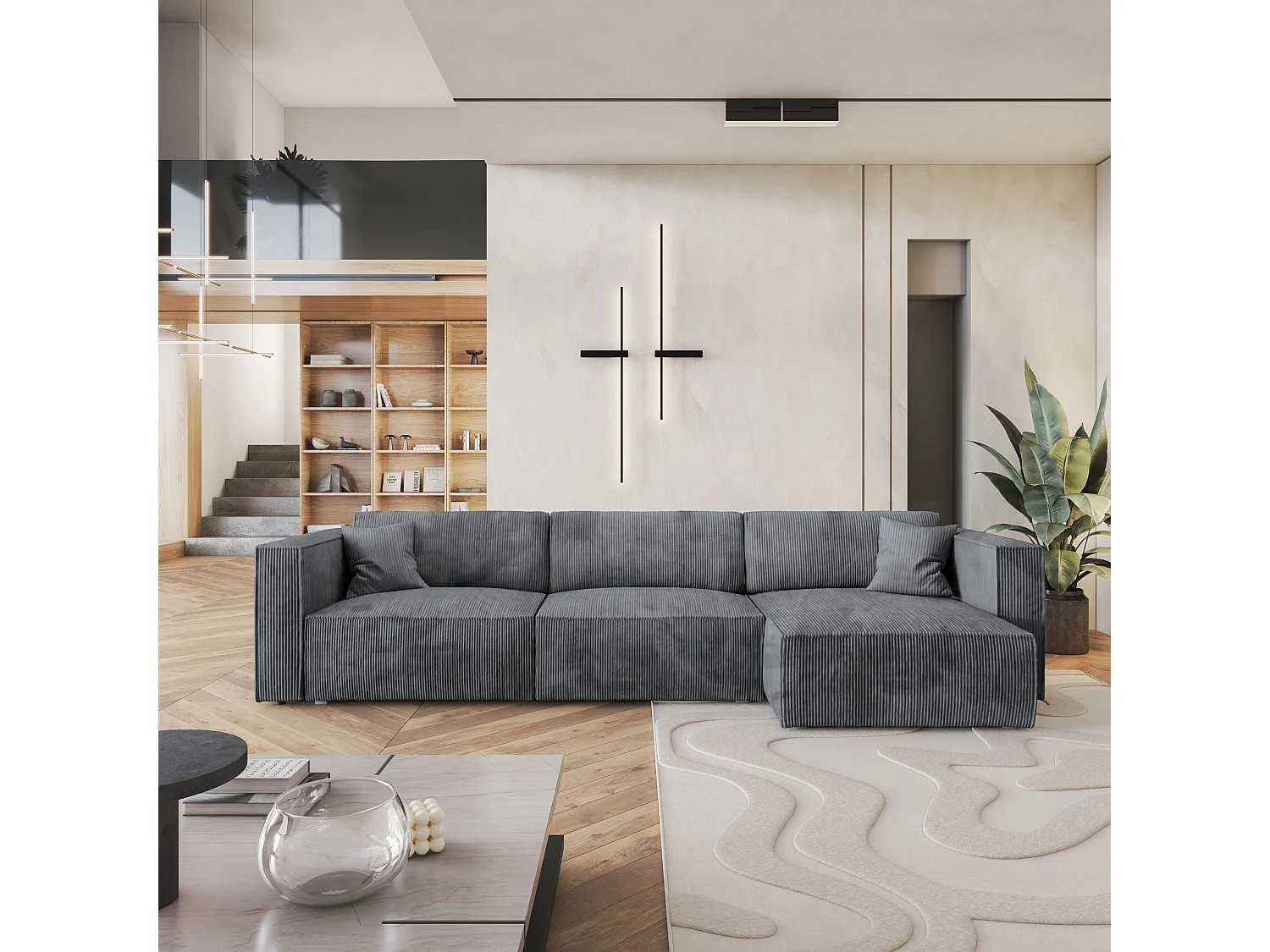 Canapé d'angle TOLMO Gris en velours côtelé avec fonction de couchage