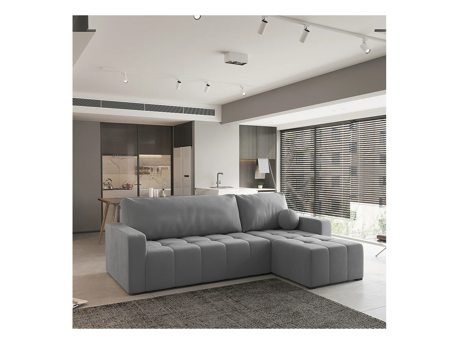 Canapé d'angle VOLIRA Gris en peluche avec fonction de couchage