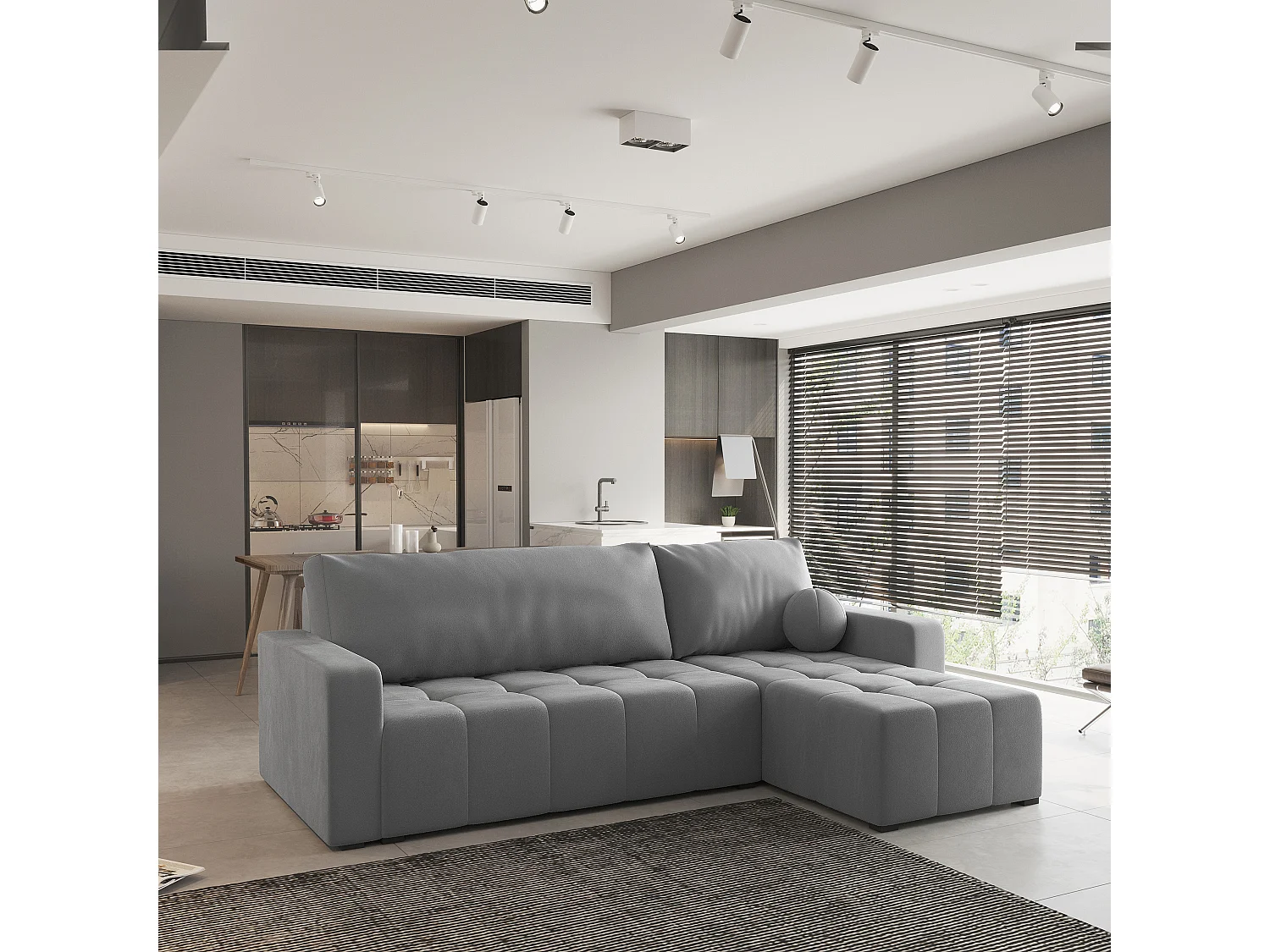 Canapé d'angle VOLIRA Gris en peluche avec fonction de couchage