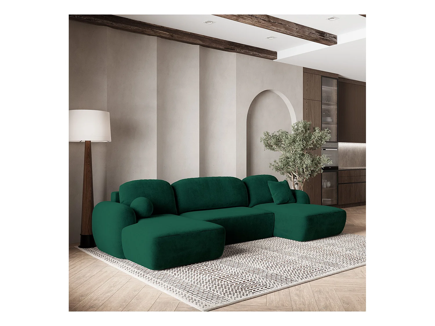 Canapé d'angle SAVONA Vert Sapin en peluche avec fonction de couchage