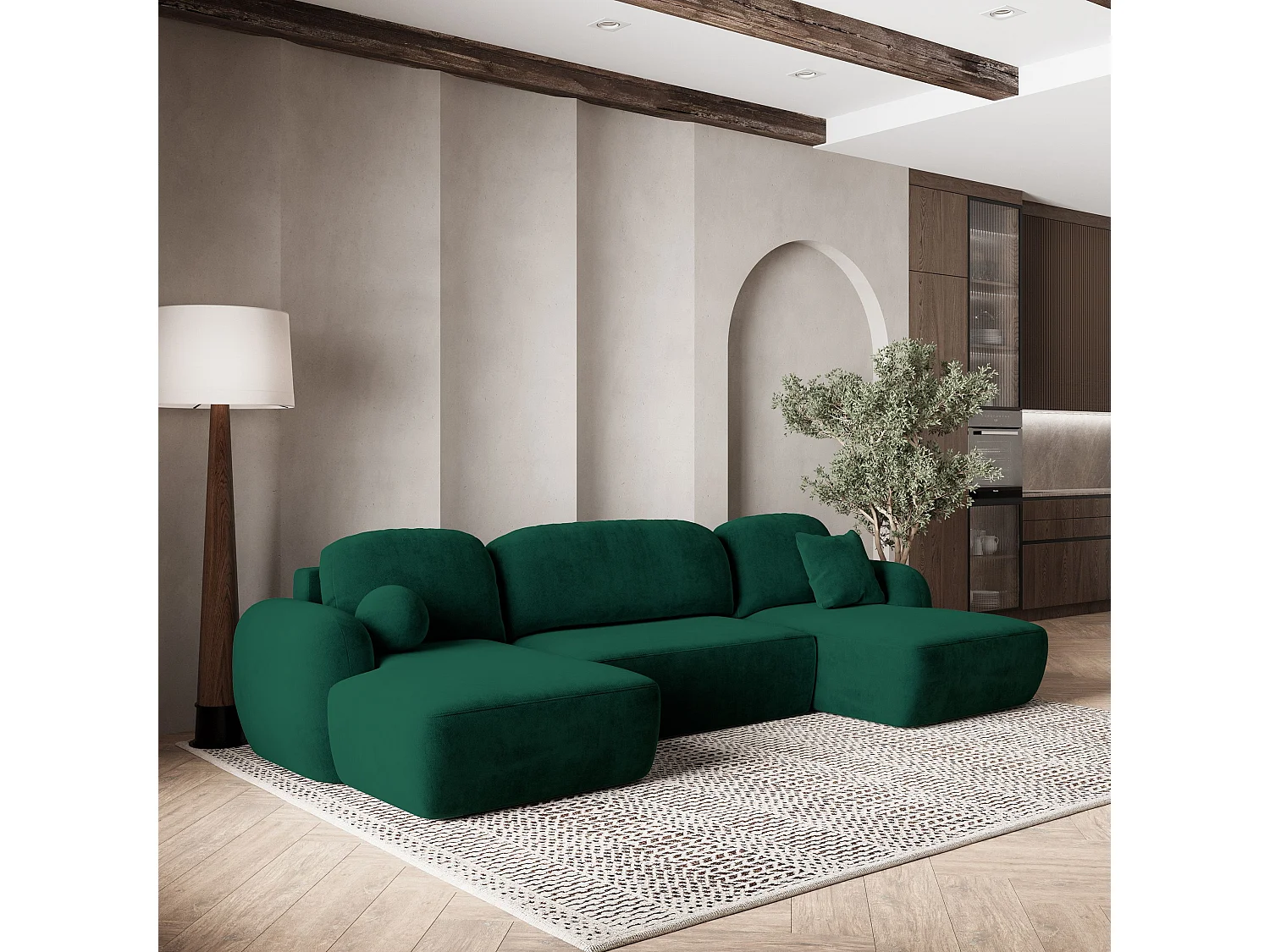 Canapé d'angle SAVONA Vert Sapin en peluche avec fonction de couchage