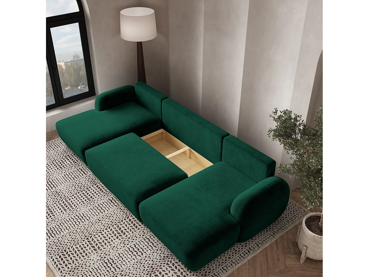 Canapé d'angle SAVONA Vert Sapin en peluche avec fonction de couchage