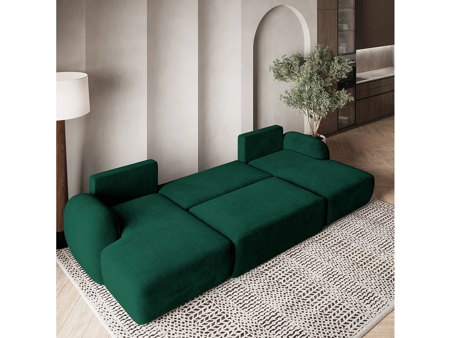 Canapé d'angle SAVONA Vert Sapin en peluche avec fonction de couchage
