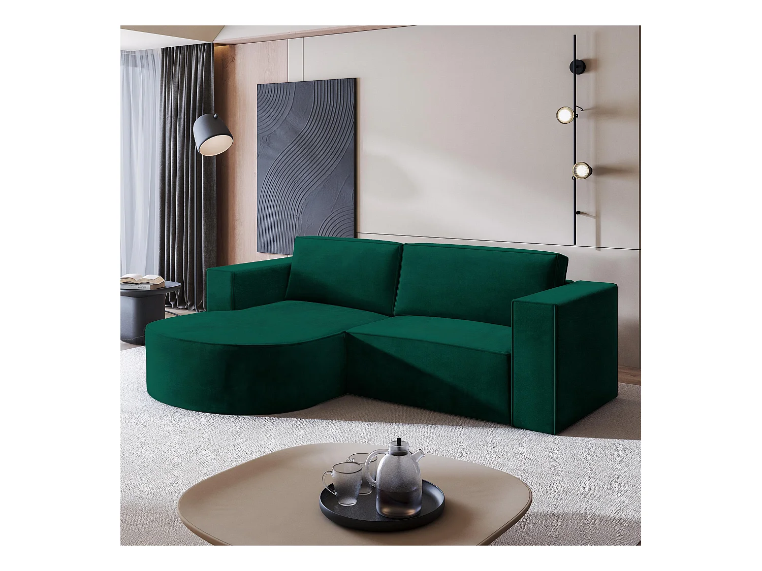 Canapé d'angle SORELA Vert Sapin en velours avec fonction de couchage