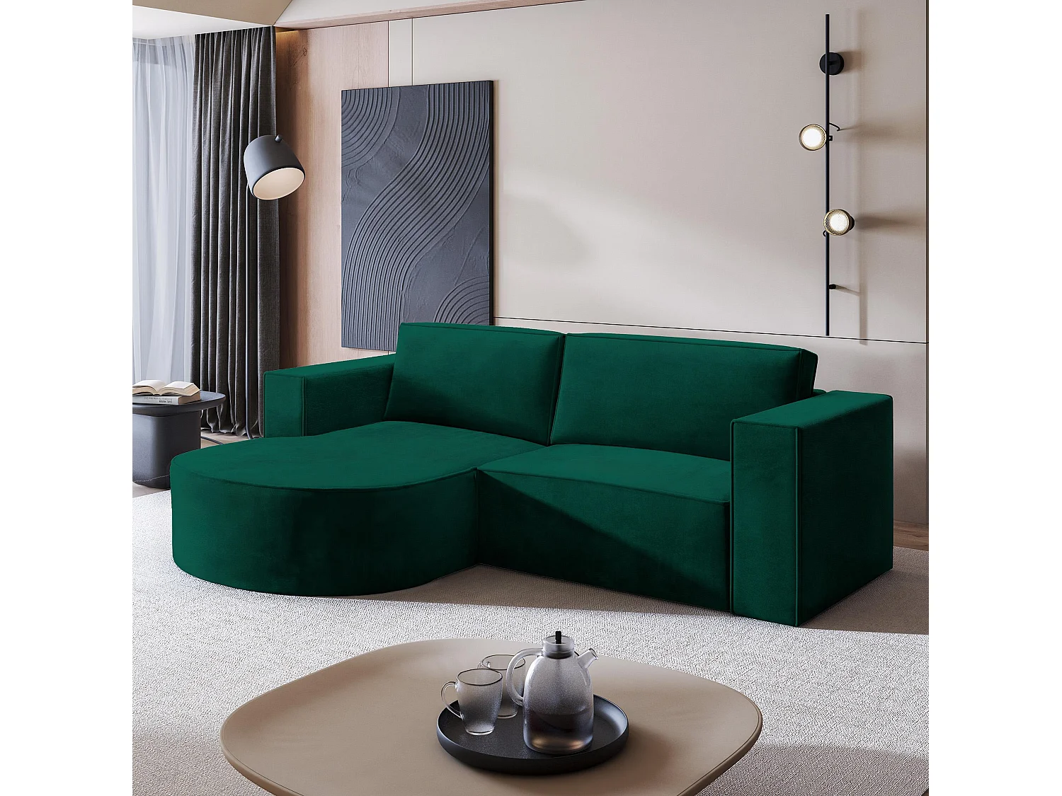 Canapé d'angle SORELA Vert Sapin en velours avec fonction de couchage