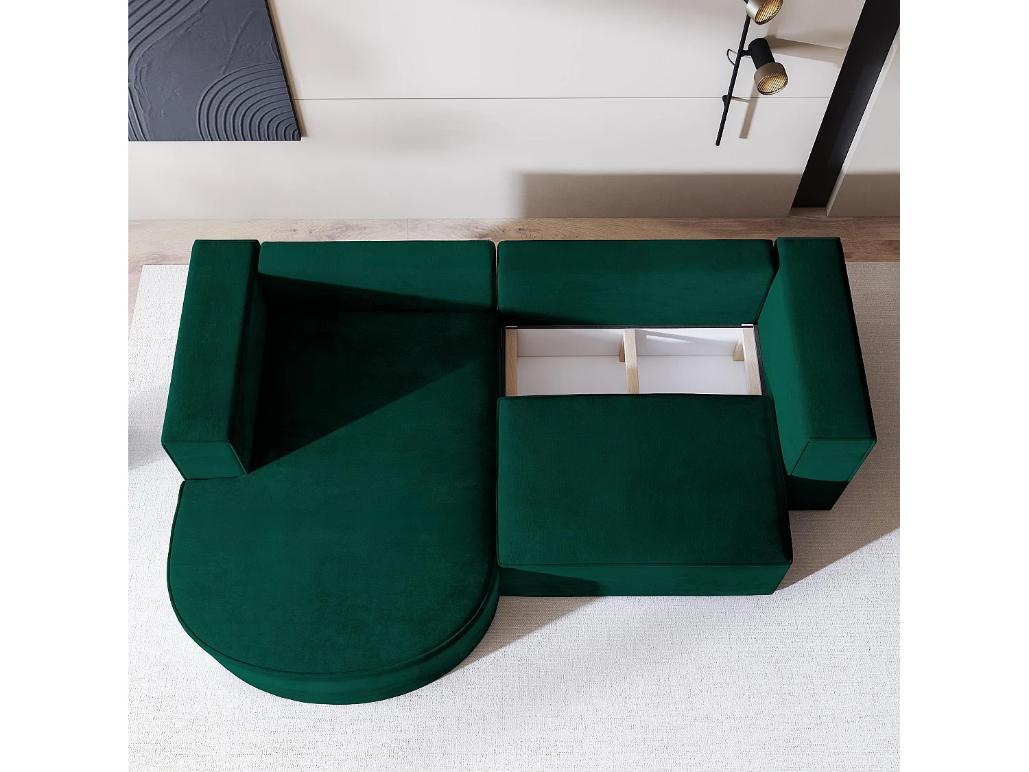 Canapé d'angle SORELA Vert Sapin en velours avec fonction de couchage