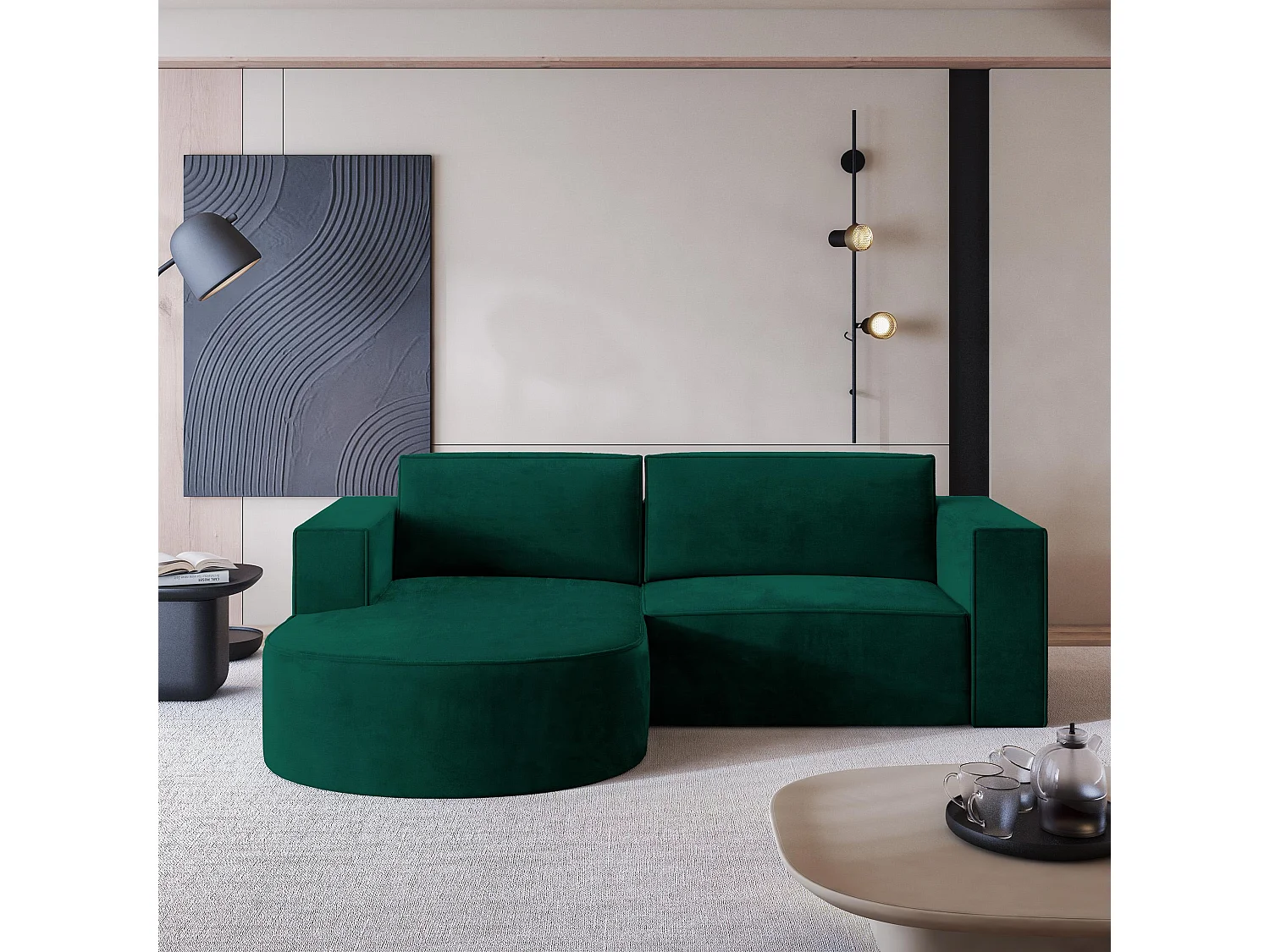 Canapé d'angle SORELA Vert Sapin en velours avec fonction de couchage