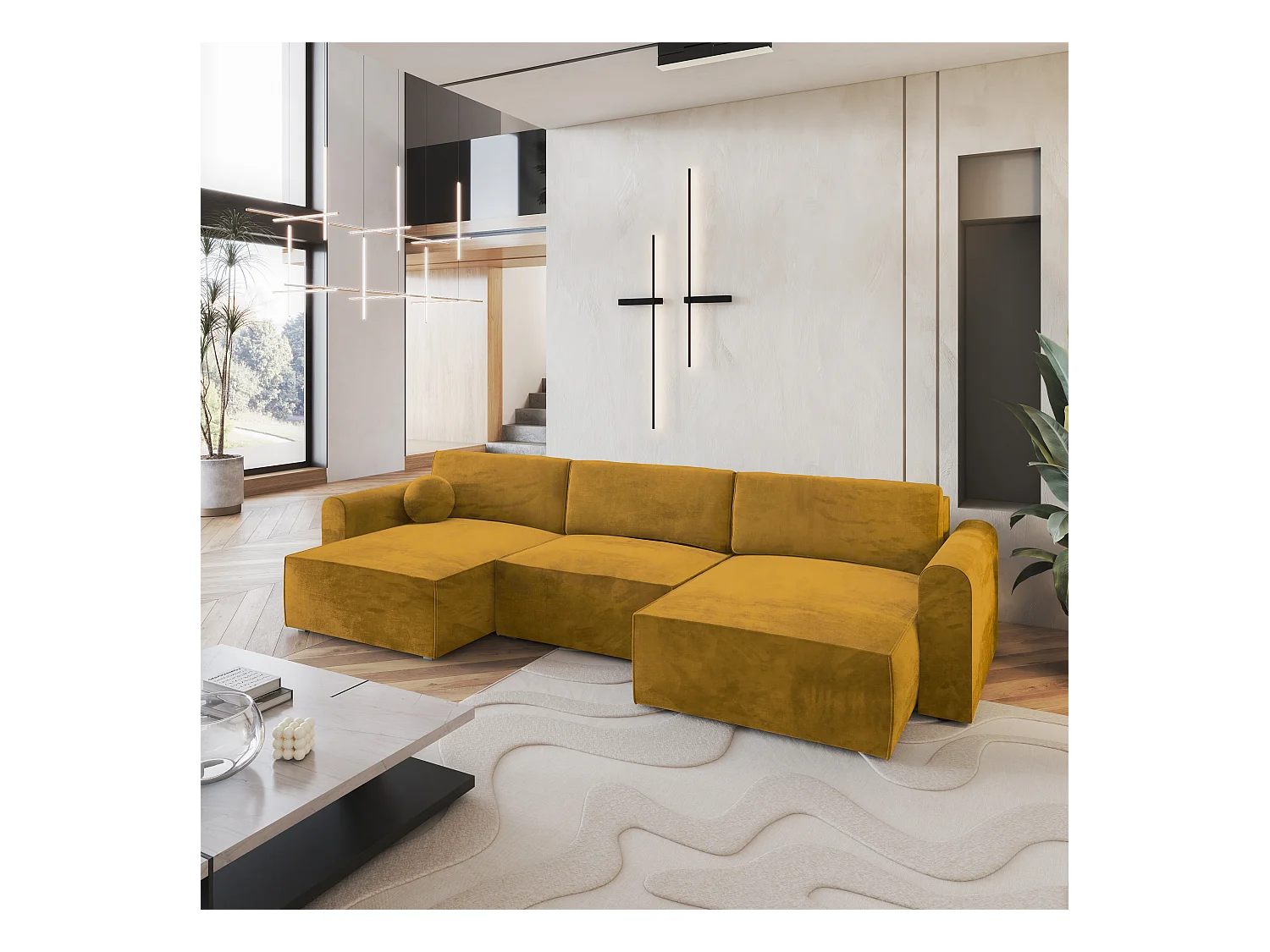 Canapé d'angle FENTO Jaune en velours avec fonction de couchage