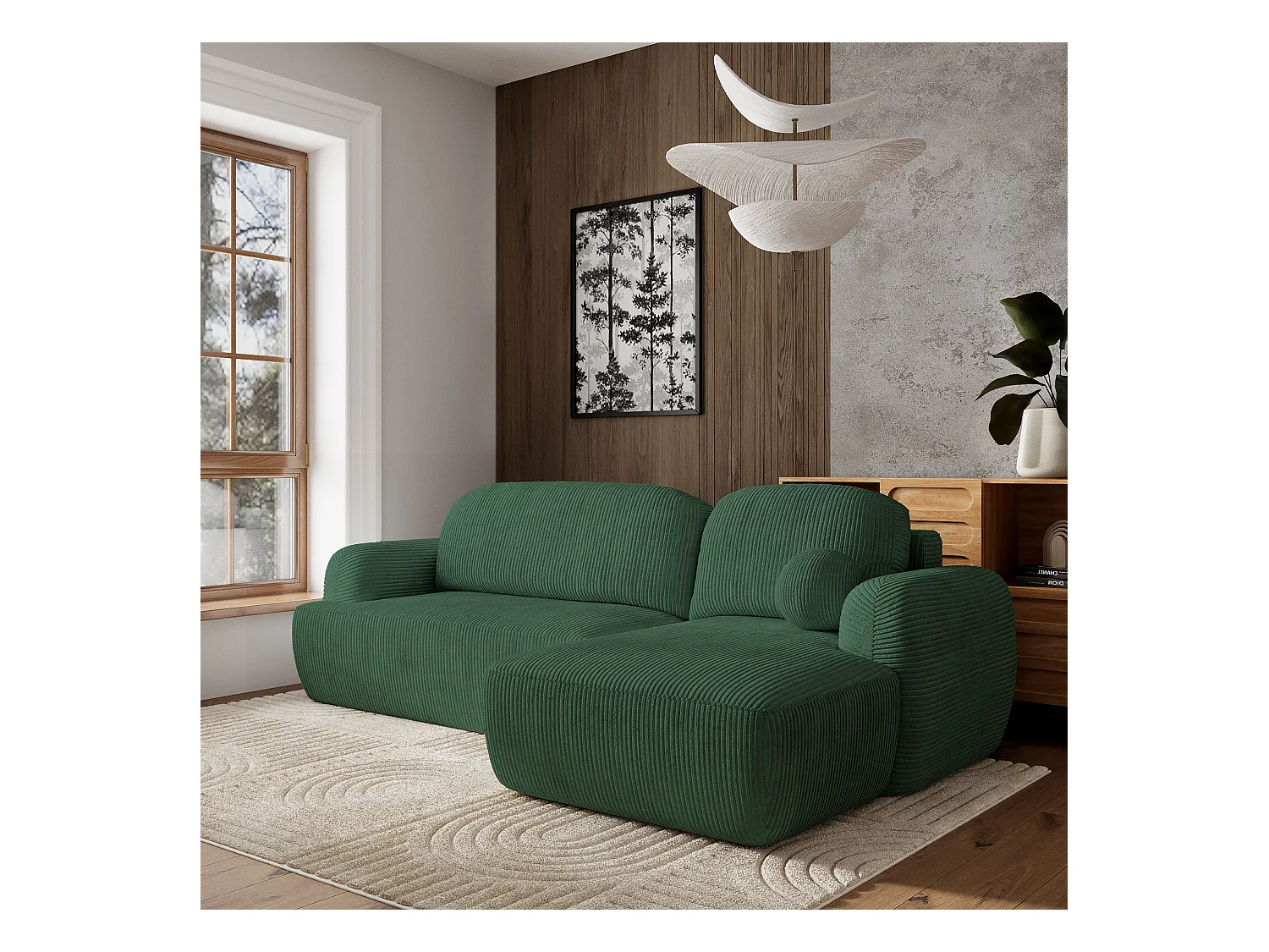 Canapé d'angle MODENZA Vert en velours côtelé avec fonction de couchage