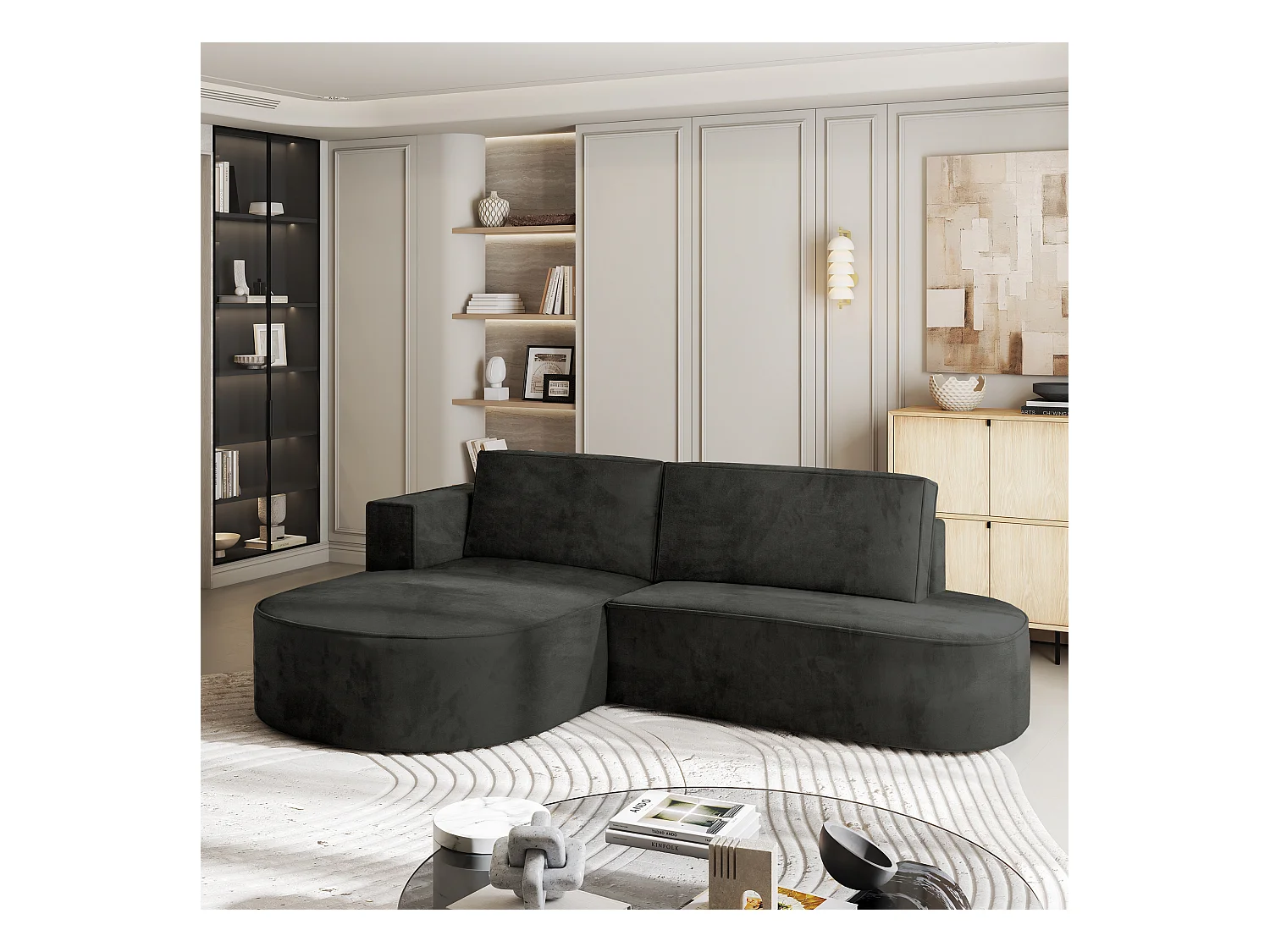 Canapé d'angle CORTIO Noir en velours avec fonction de couchage
